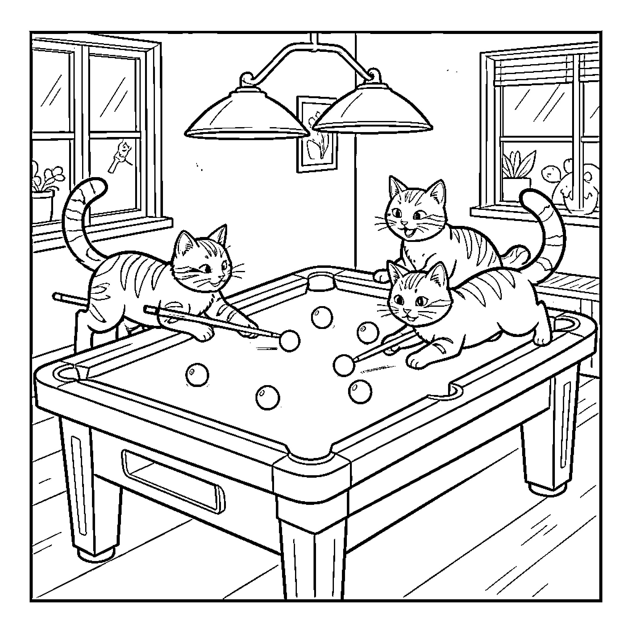 Cat playing on pool table in cozy home Coloring Page (free black-and-white line drawing printable PDF for all, from beginners to advanced learners, including children, teens, adults, and seniors)