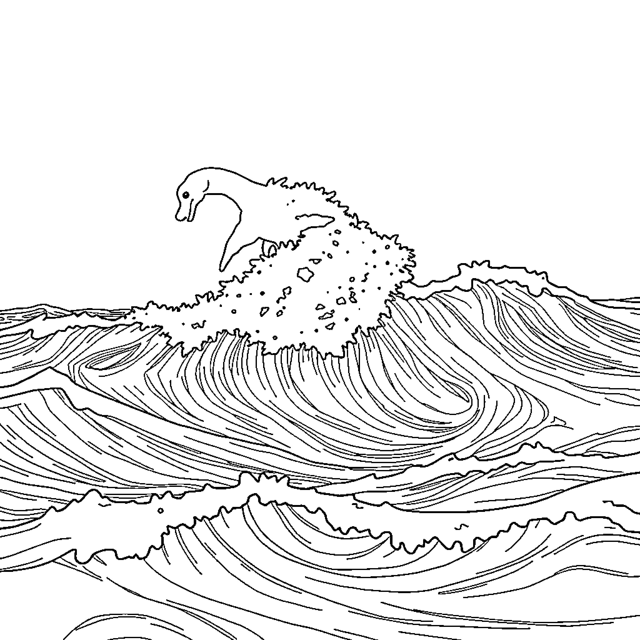 Vague Depiction of Waves and Sea Creature Coloring Page (free black-and-white line drawing printable PDF for all, from beginners to advanced learners, including children, teens, adults, and seniors)