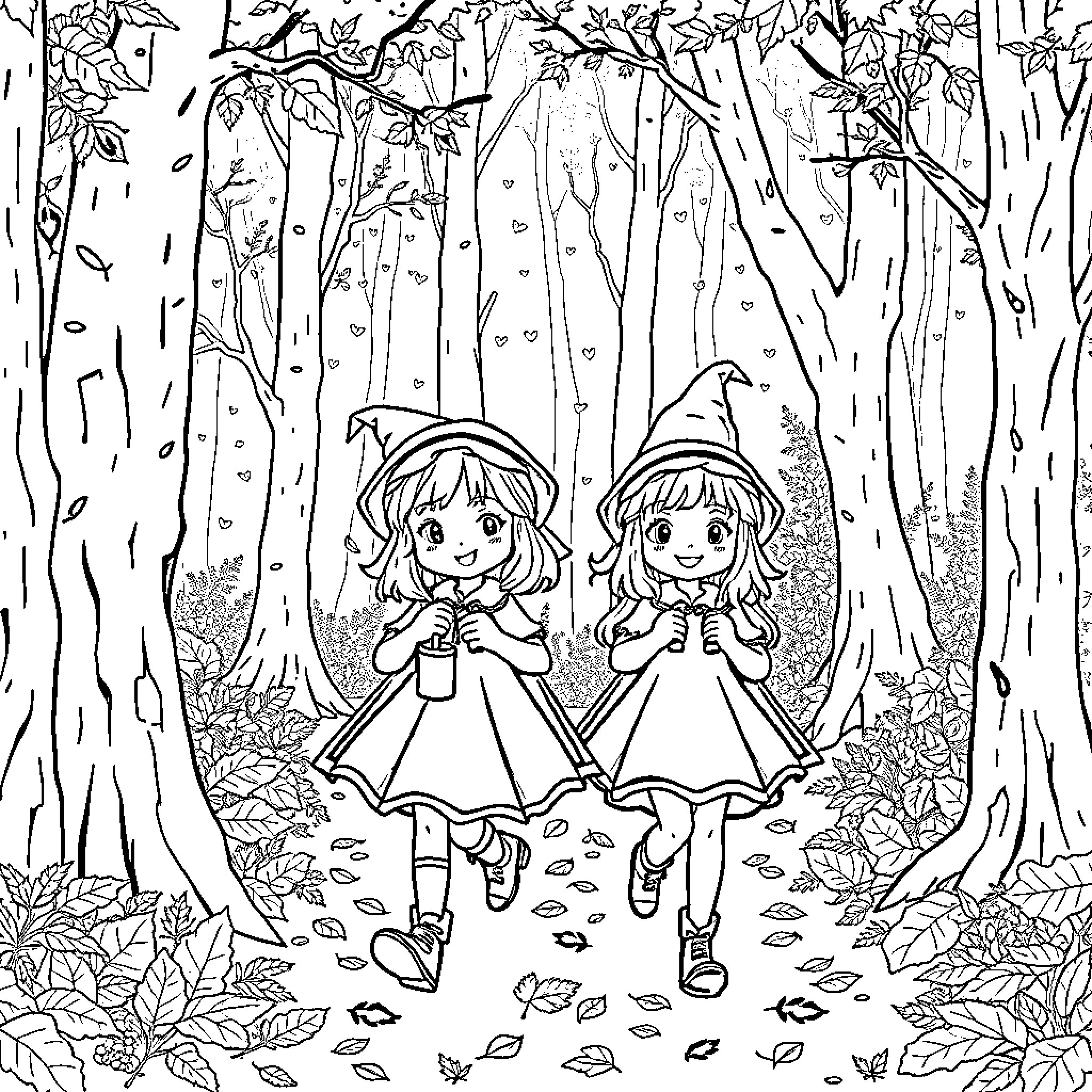 Filles exploring the enchanted forest Coloring Page (free black-and-white line drawing printable PDF for all, from beginners to advanced learners, including children, teens, adults, and seniors)