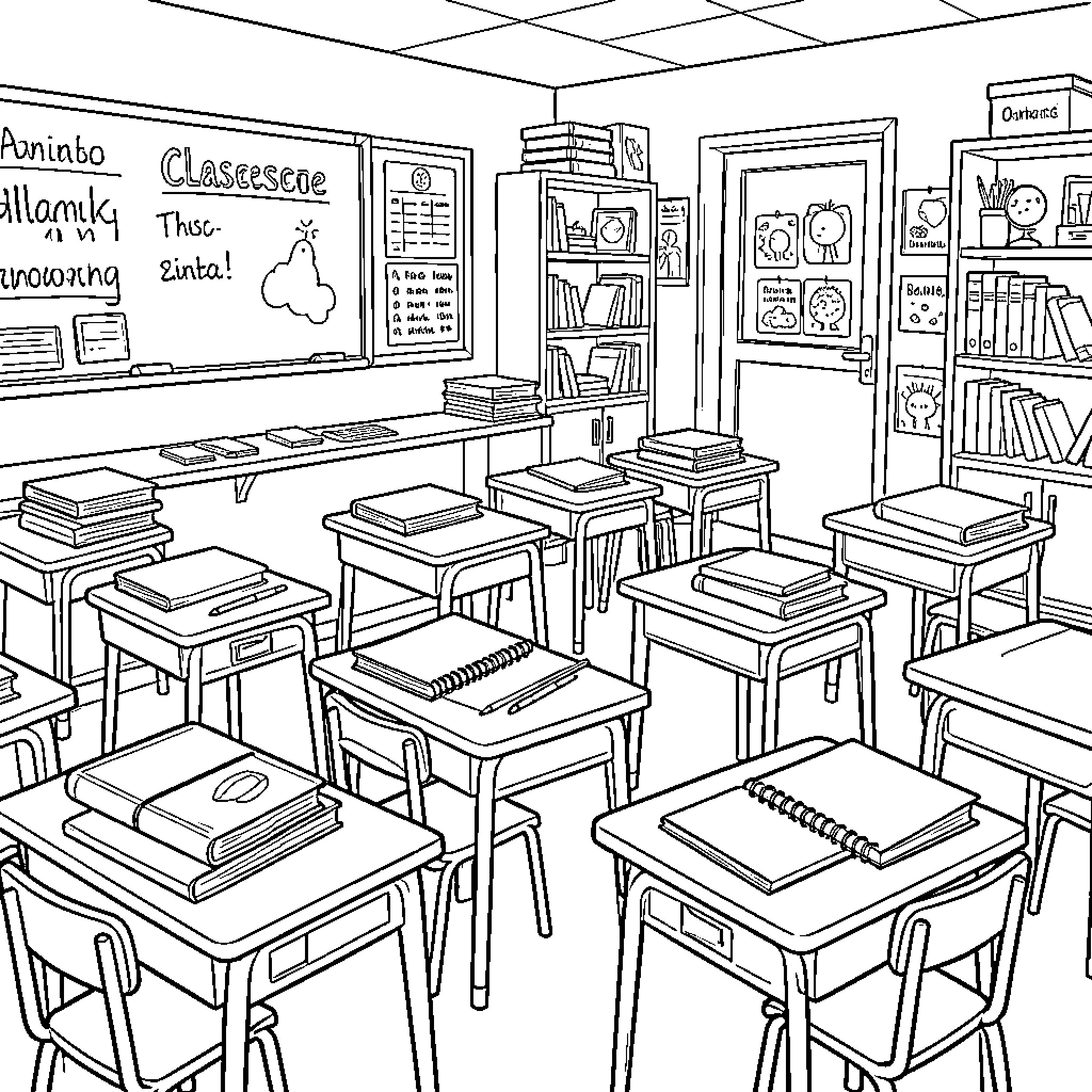 Classroom Objects arranged on desks in an empty room Coloring Page (free black-and-white line drawing printable PDF for all, from beginners to advanced learners, including children, teens, adults, and seniors)
