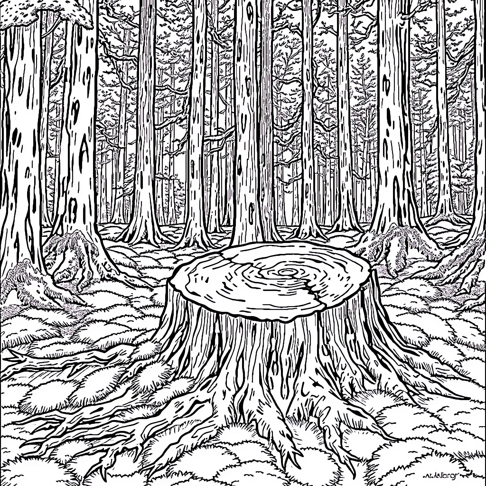 Forest scene with stump and fallen trees Coloring Page (free black-and-white line drawing printable PDF for all, from beginners to advanced learners, including children, teens, adults, and seniors)
