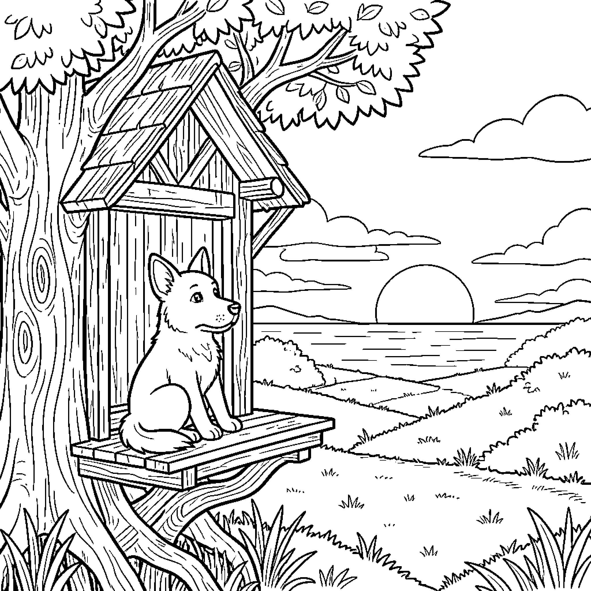 Jake's Cozy Treehouse Hideaway Coloring Page (free black-and-white line drawing printable PDF for all, from beginners to advanced learners, including children, teens, adults, and seniors)