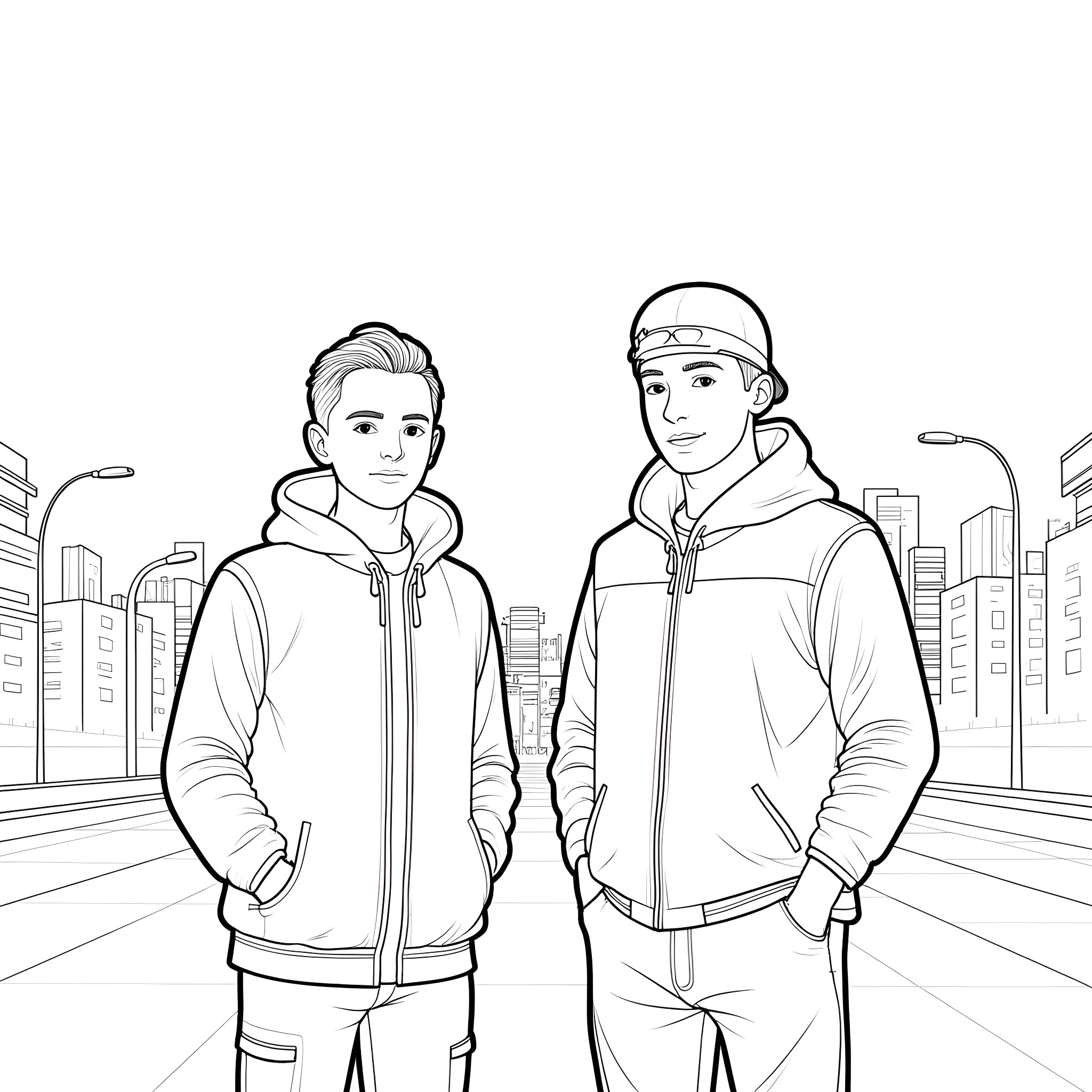 Twenty One Pilots performing on stage in the city Coloring Page (free black-and-white line drawing printable PDF for all, from beginners to advanced learners, including children, teens, adults, and seniors)