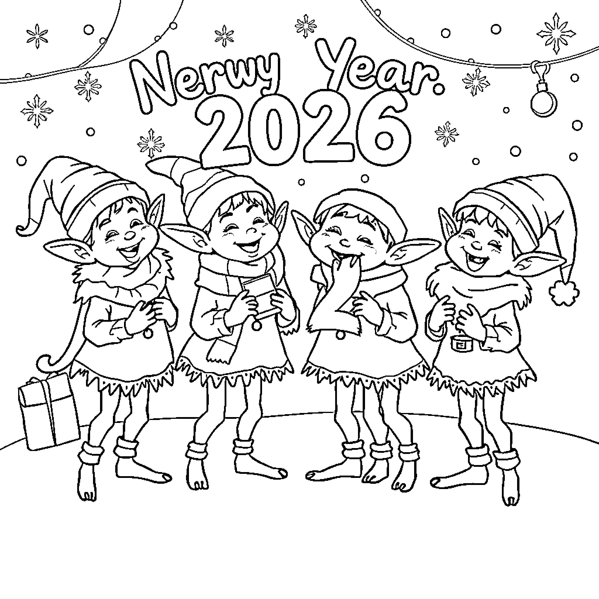 Elf Friends Celebrate the New Year Coloring Page (free black-and-white line drawing printable PDF for all, from beginners to advanced learners, including children, teens, adults, and seniors)