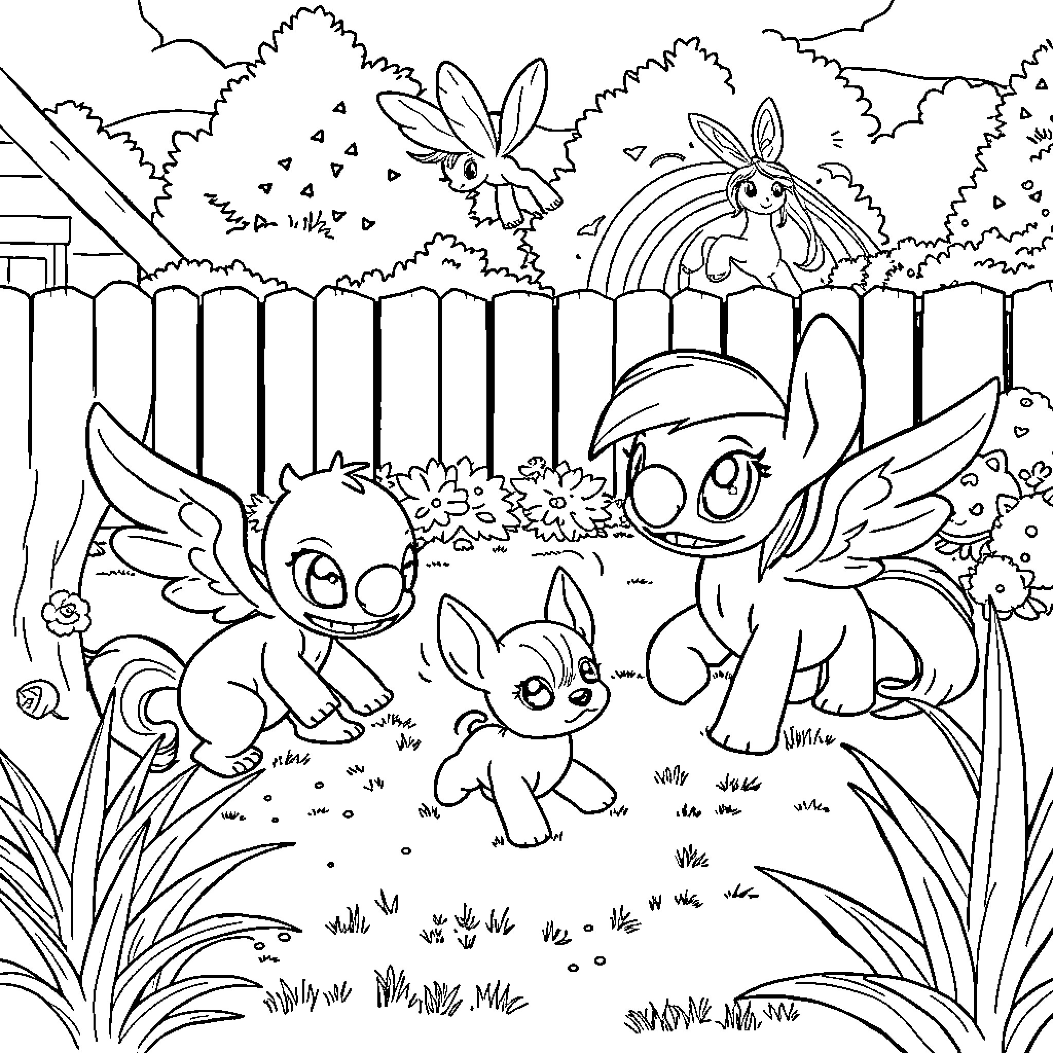 Angel Creatures Playing in the Garden Coloring Page (free black-and-white line drawing printable PDF for all, from beginners to advanced learners, including children, teens, adults, and seniors)