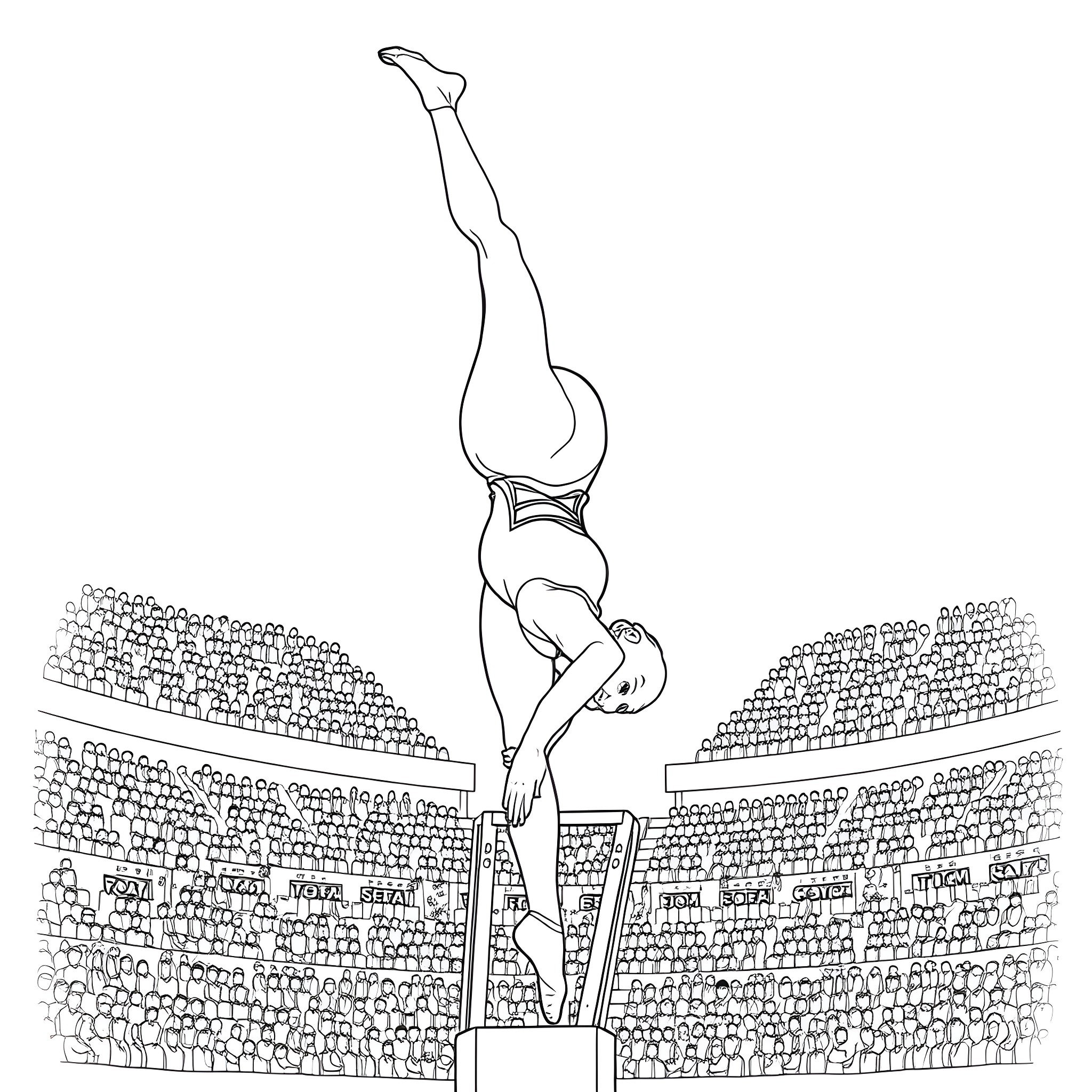 Gymnast performing acrobatic routine on uneven bars Coloring Page (free black-and-white line drawing printable PDF for all, from beginners to advanced learners, including children, teens, adults, and seniors)