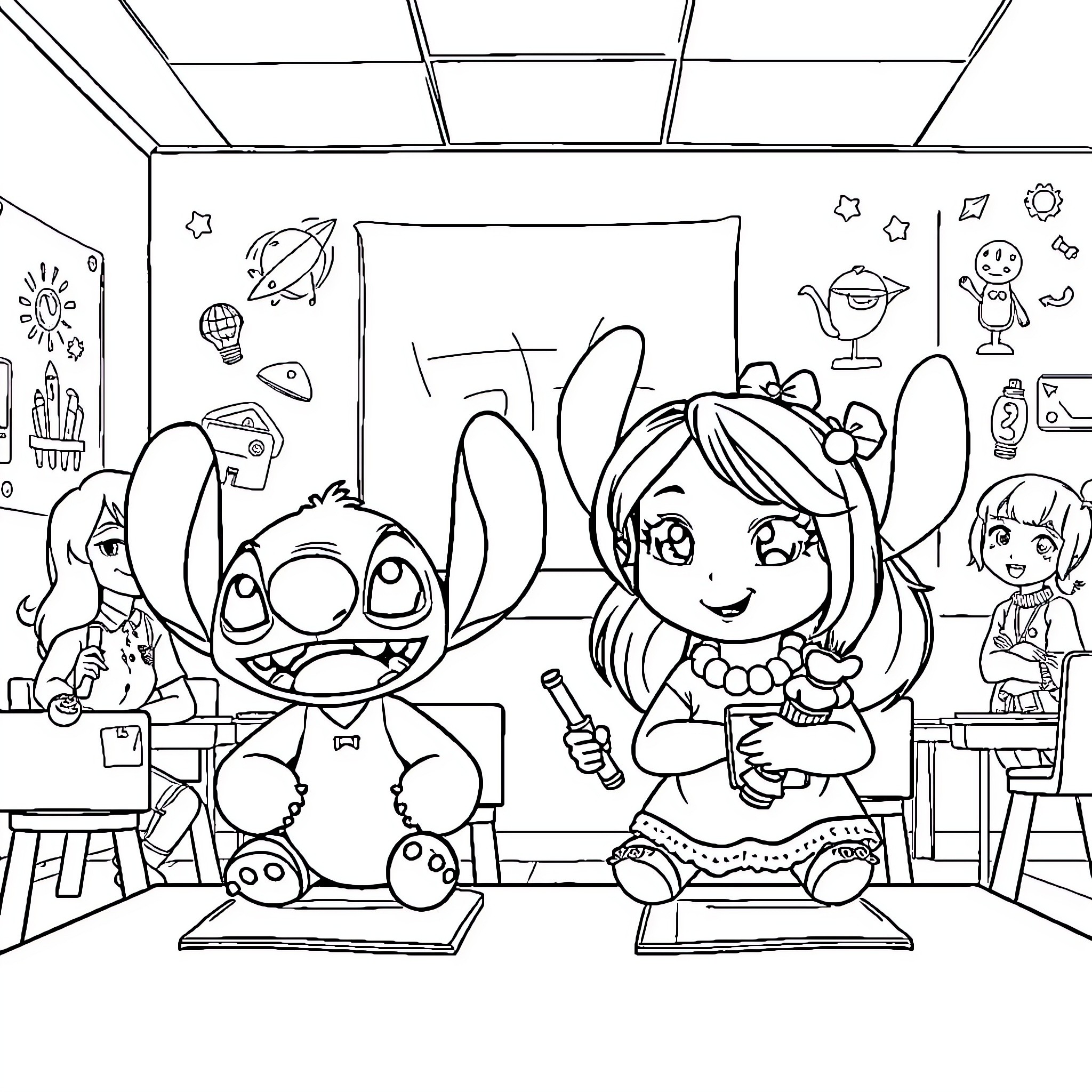 Lilo and Friends in the Classroom Coloring Page (free black-and-white line drawing printable PDF for all, from beginners to advanced learners, including children, teens, adults, and seniors)