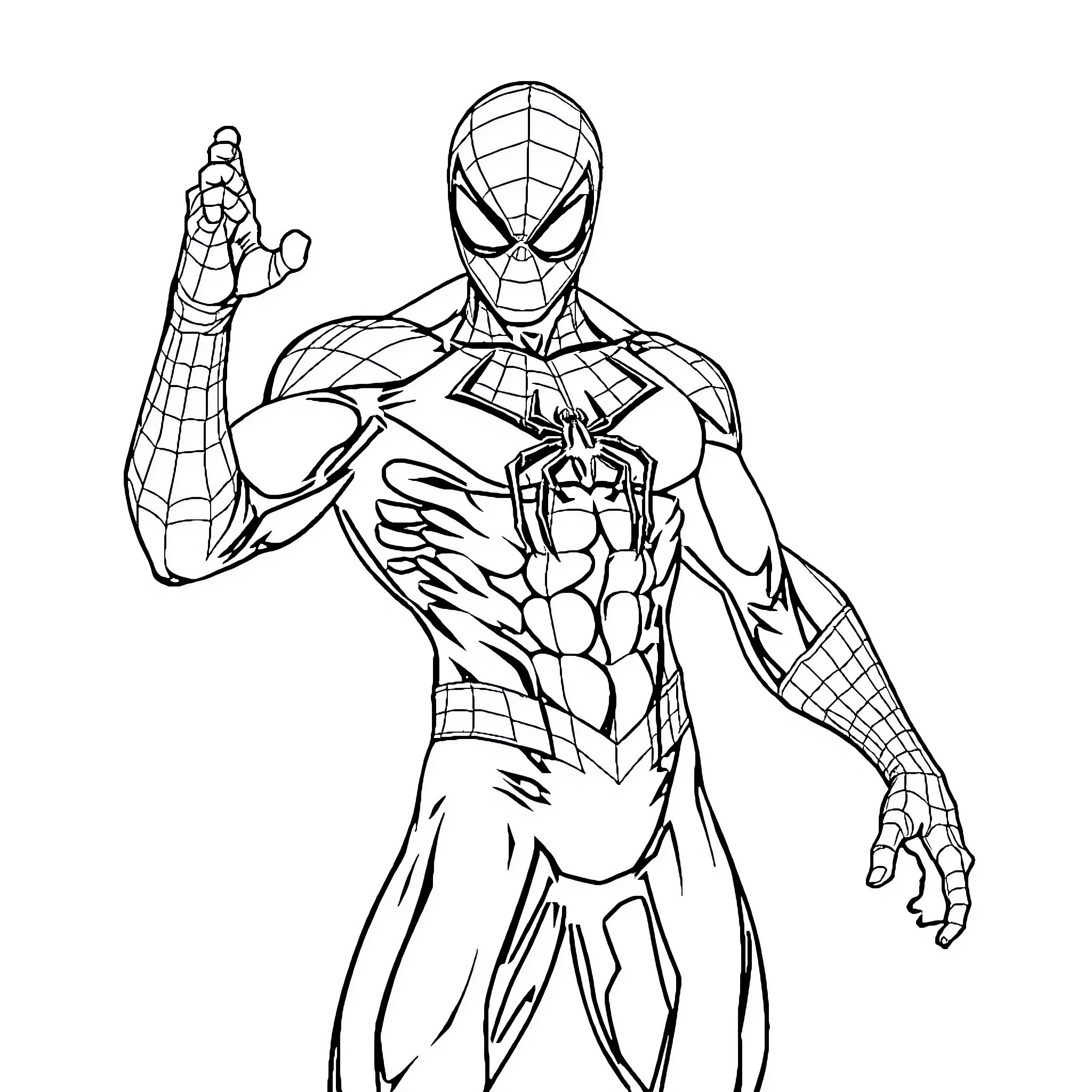 Spiderman in action pose with web-shooting gesture Coloring Page (free black-and-white line drawing printable PDF for all, from beginners to advanced learners, including children, teens, adults, and seniors)