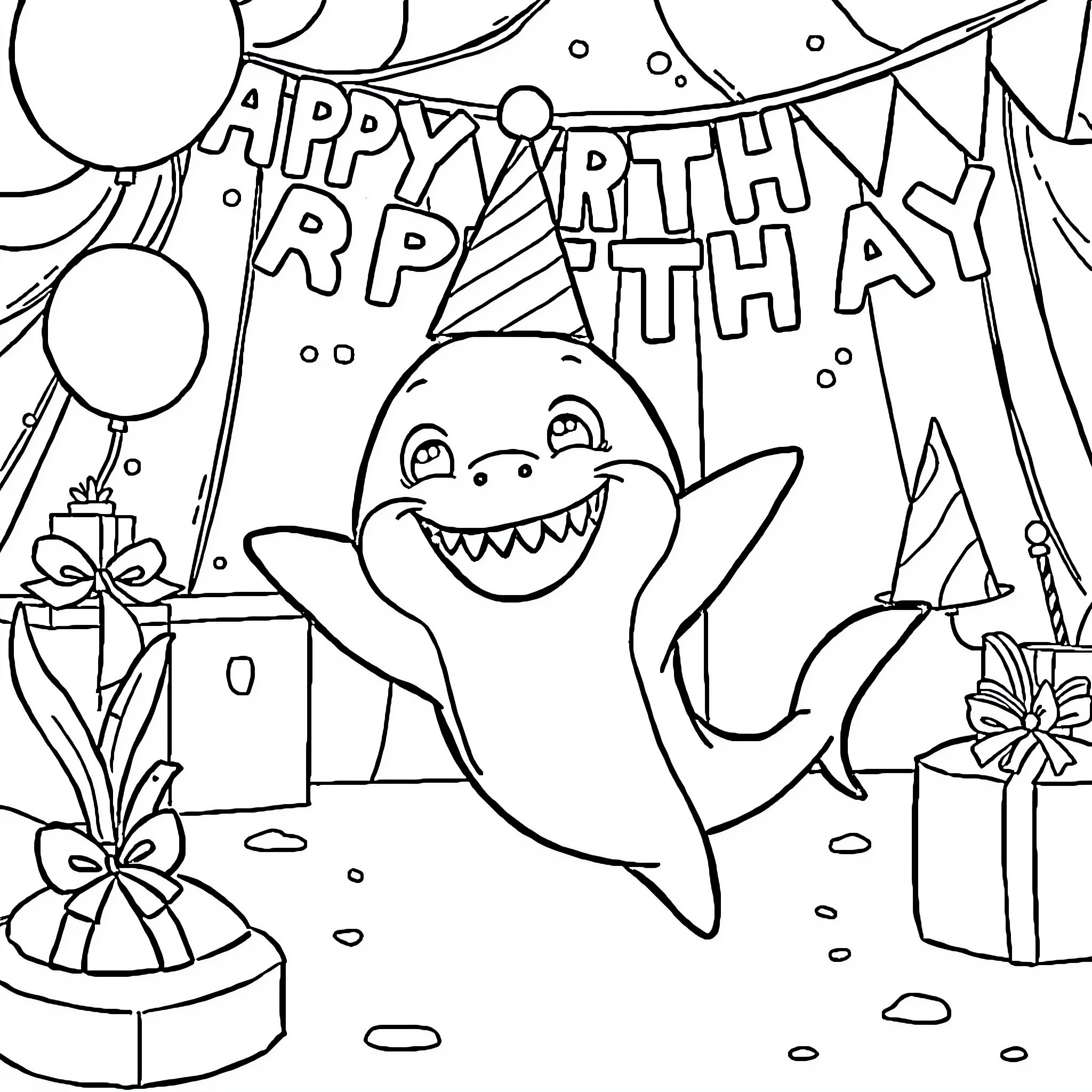Shark celebrating a happy birthday party Coloring Page (free black-and-white line drawing printable PDF for all, from beginners to advanced learners, including children, teens, adults, and seniors)