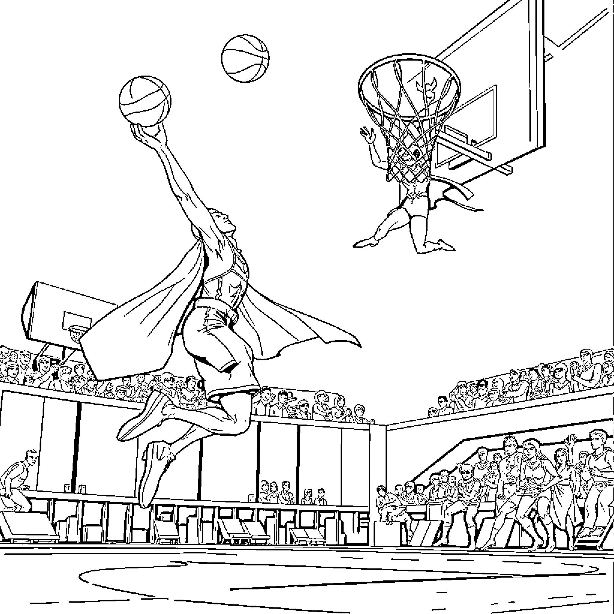 Martian Manhunter's Basketball Spectacular Coloring Page (free black-and-white line drawing printable PDF for all, from beginners to advanced learners, including children, teens, adults, and seniors)