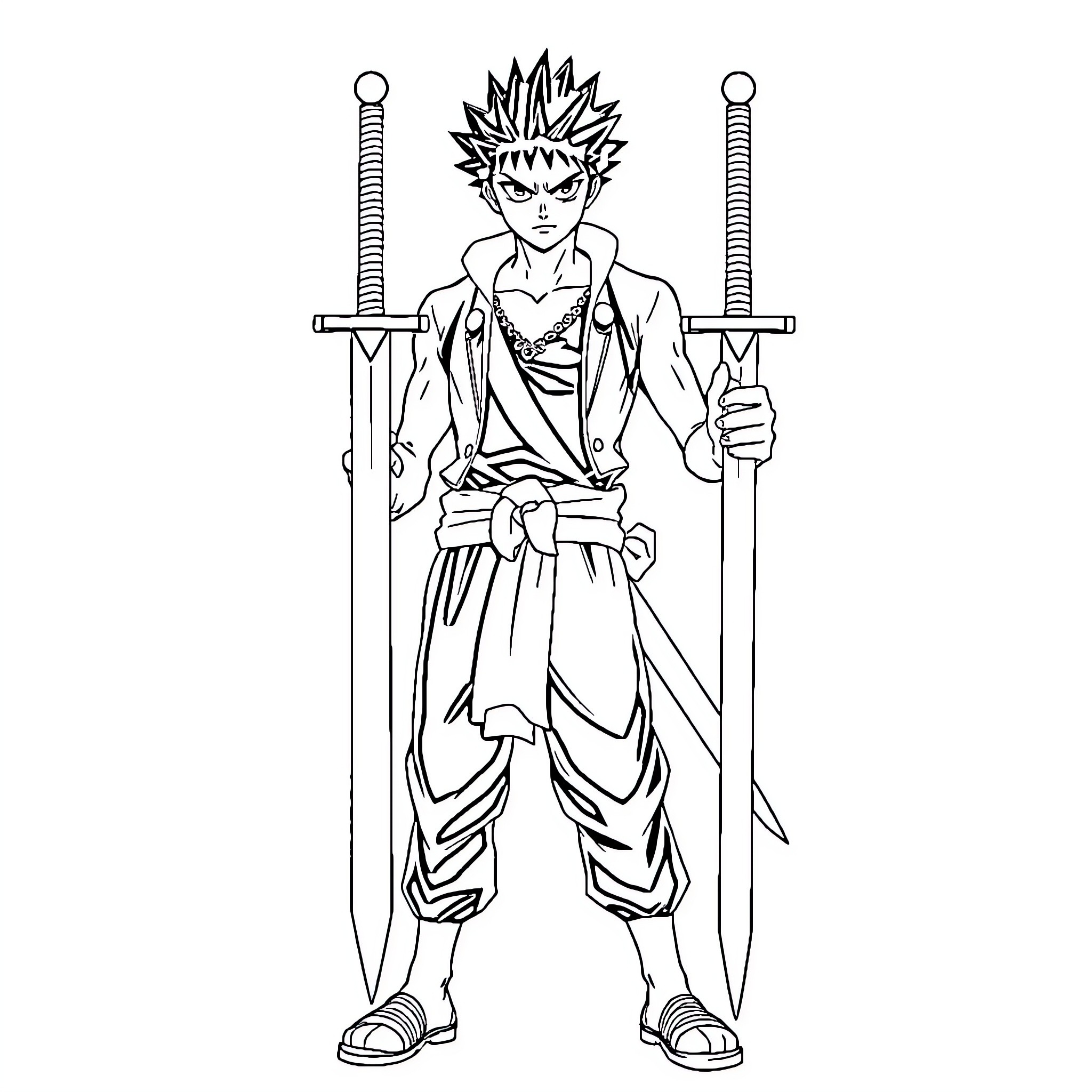 Zoro wielding twin swords with fierce determination Coloring Page (free black-and-white line drawing printable PDF for all, from beginners to advanced learners, including children, teens, adults, and seniors)
