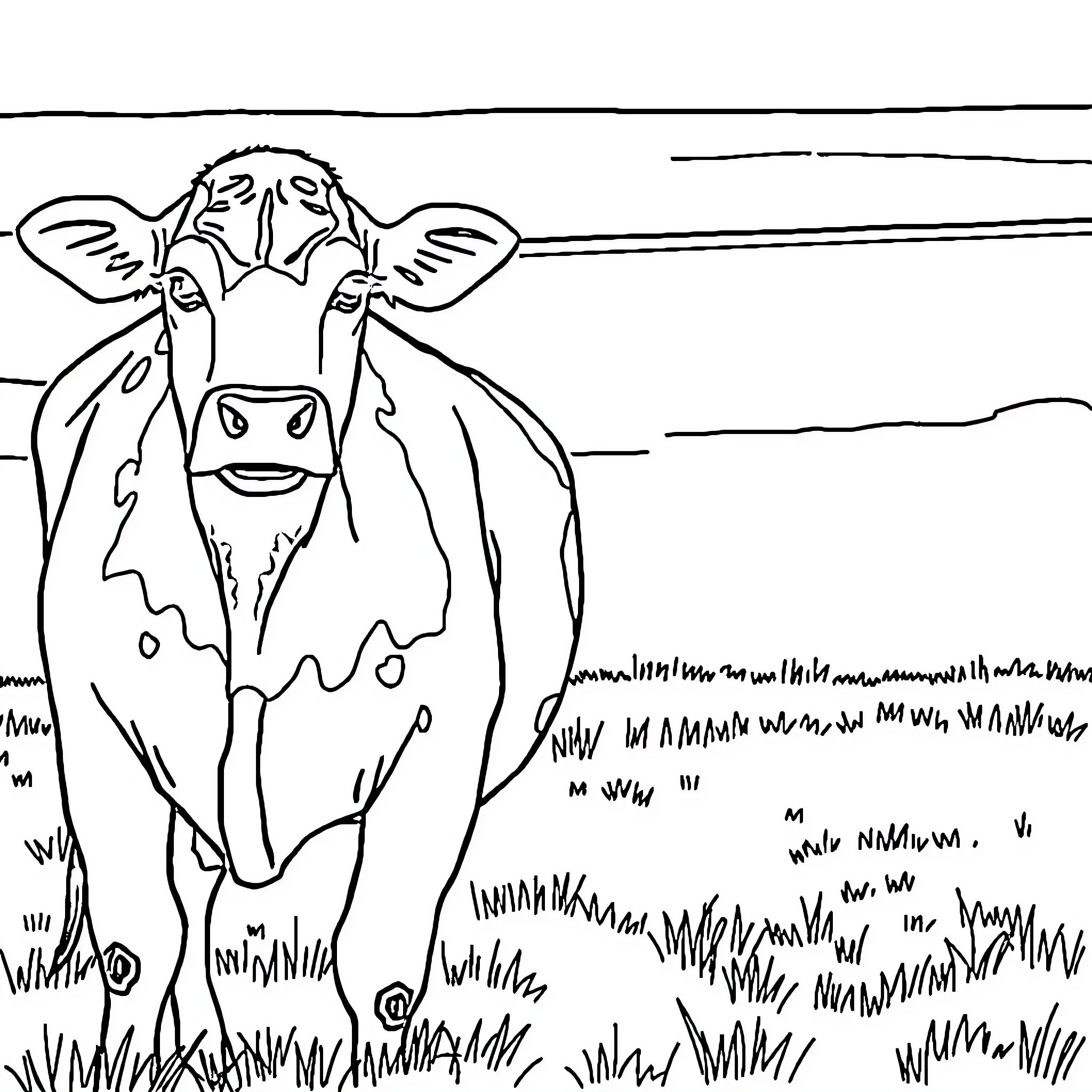 Cow standing in a field Coloring Page (free black-and-white line drawing printable PDF for all, from beginners to advanced learners, including children, teens, adults, and seniors)
