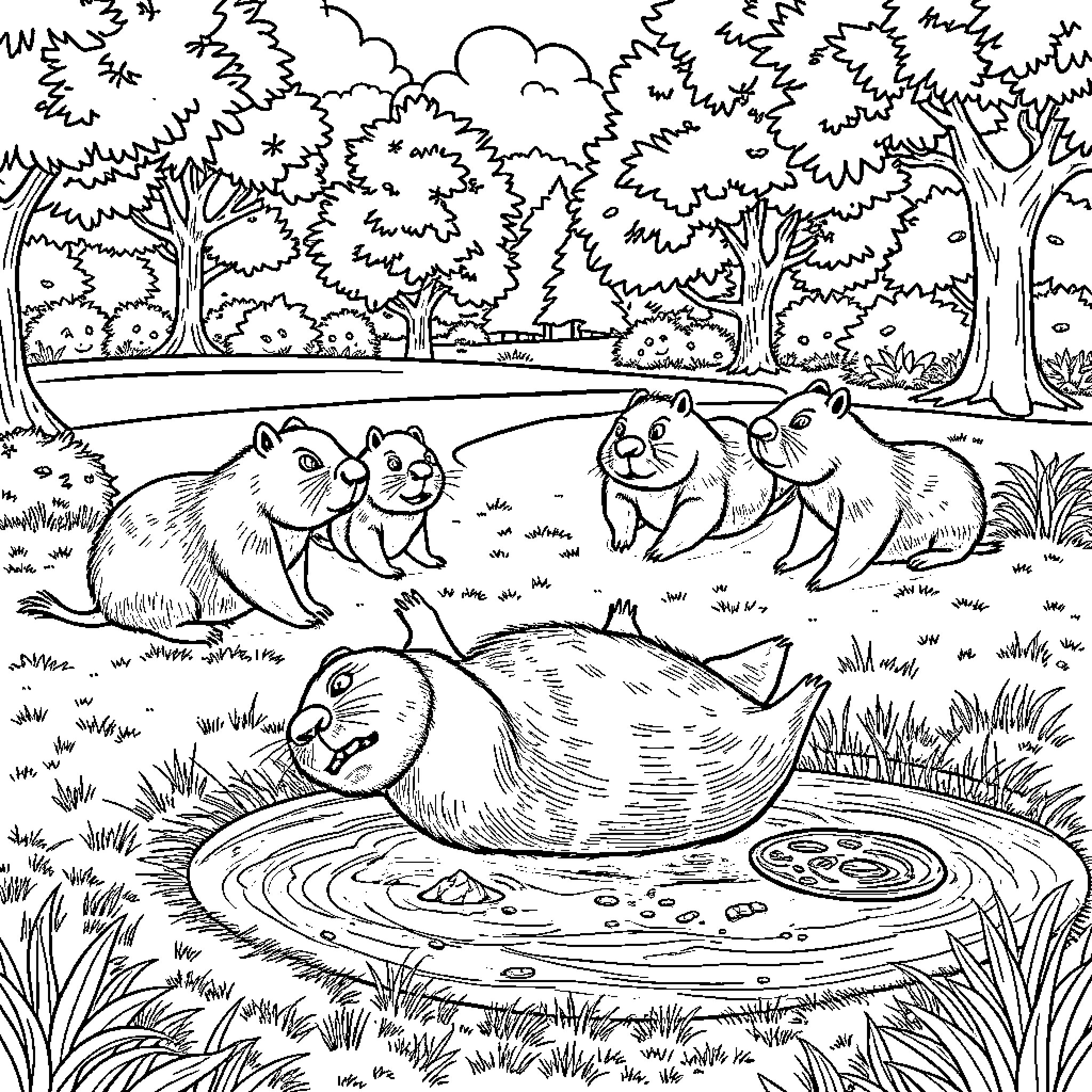 Capybara family enjoying a day in the park Coloring Page (free black-and-white line drawing printable PDF for all, from beginners to advanced learners, including children, teens, adults, and seniors)
