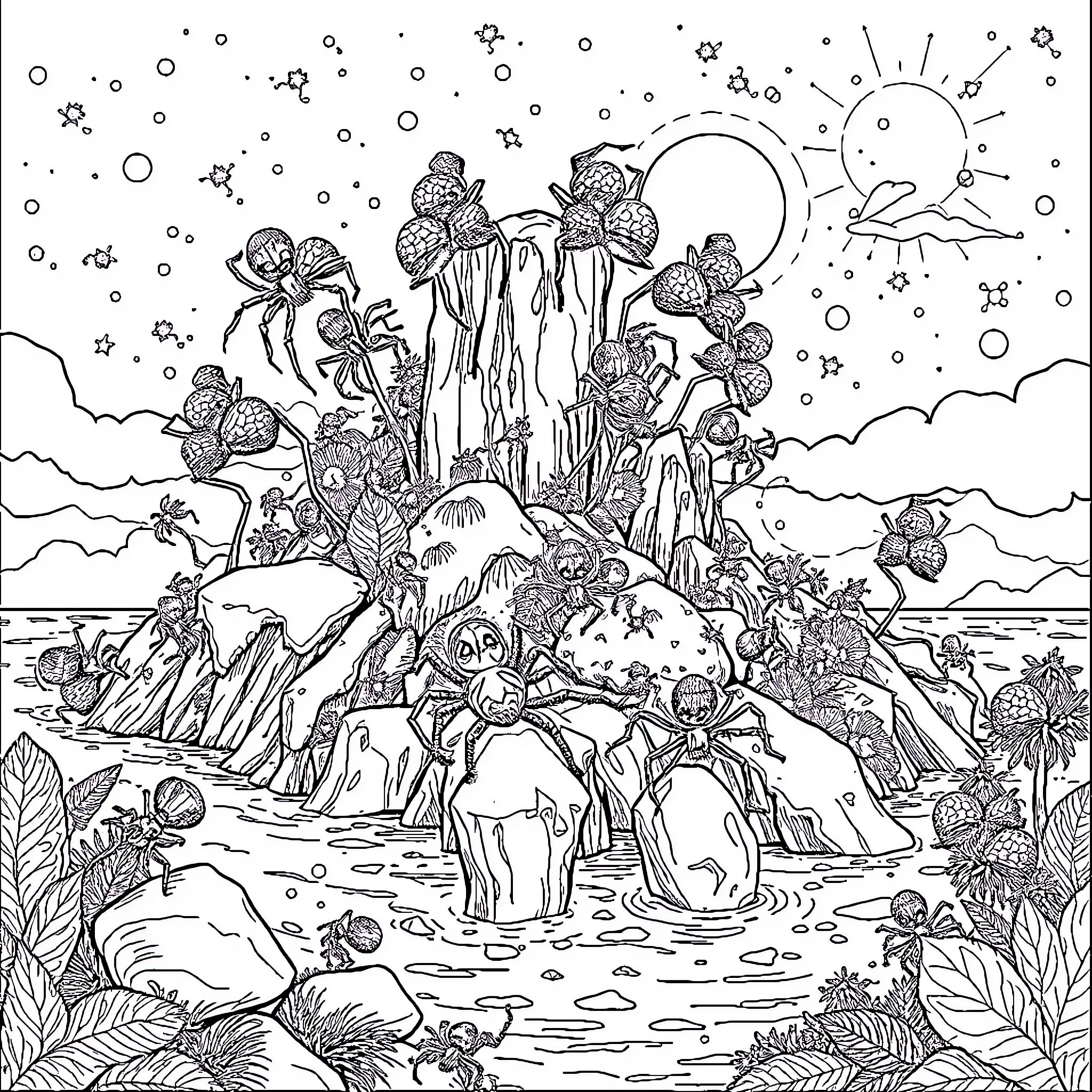 Spider-themed Whimsical Landscape with Surreal Elements Coloring Page (free black-and-white line drawing printable PDF for all, from beginners to advanced learners, including children, teens, adults, and seniors)