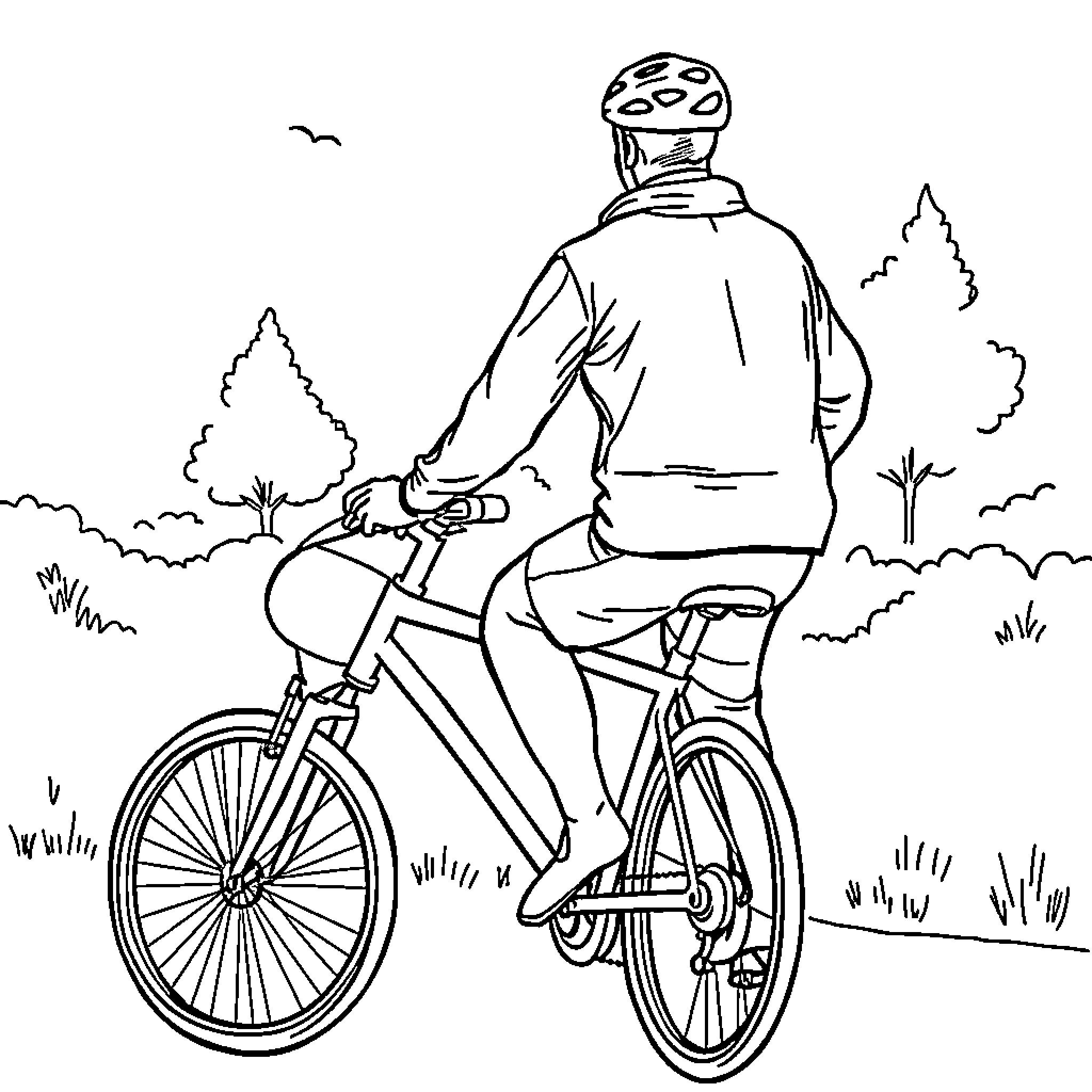 Camion cyclist riding bicycle through countryside Coloring Page (free black-and-white line drawing printable PDF for all, from beginners to advanced learners, including children, teens, adults, and seniors)