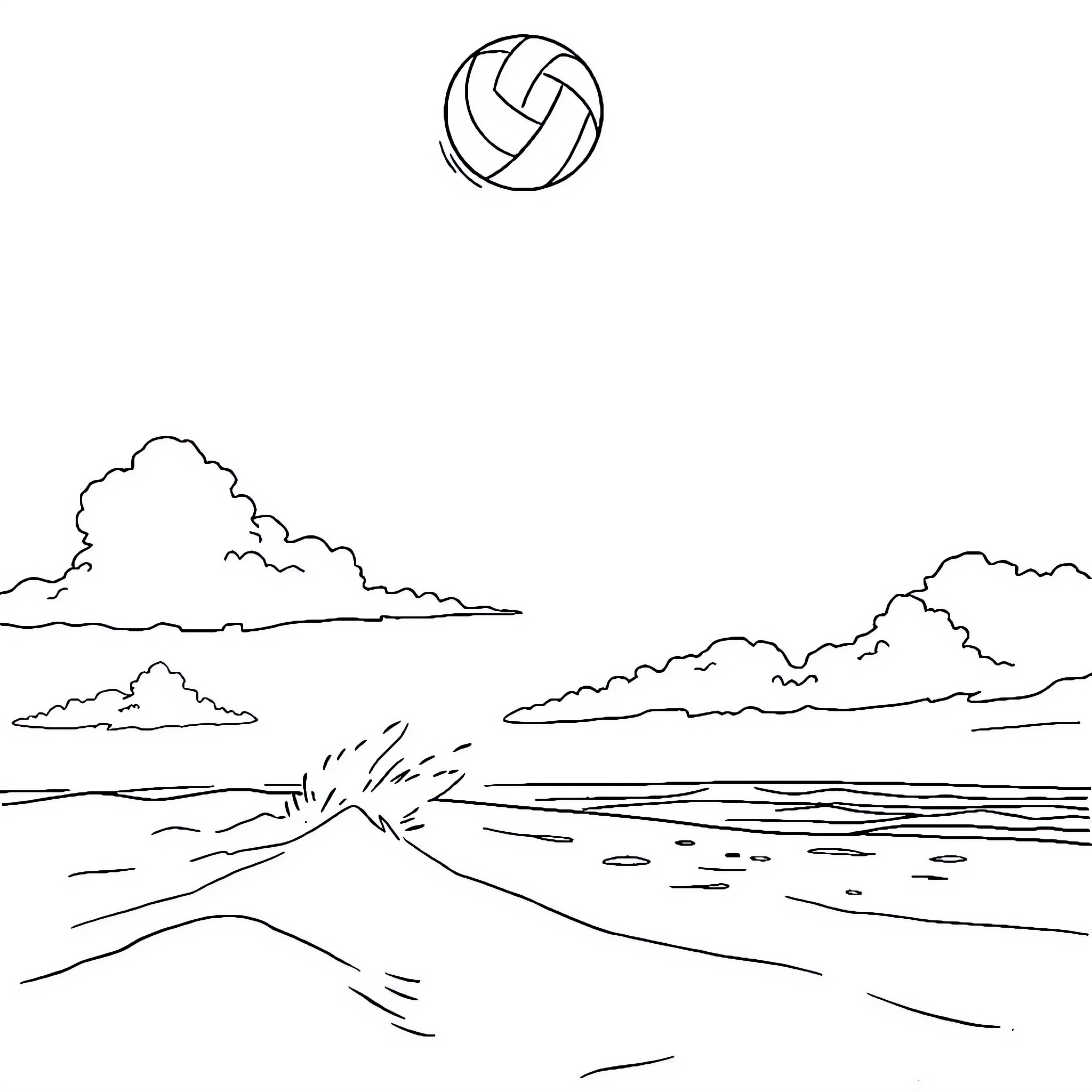 Volleyball game on the beach Coloring Page (free black-and-white line drawing printable PDF for all, from beginners to advanced learners, including children, teens, adults, and seniors)