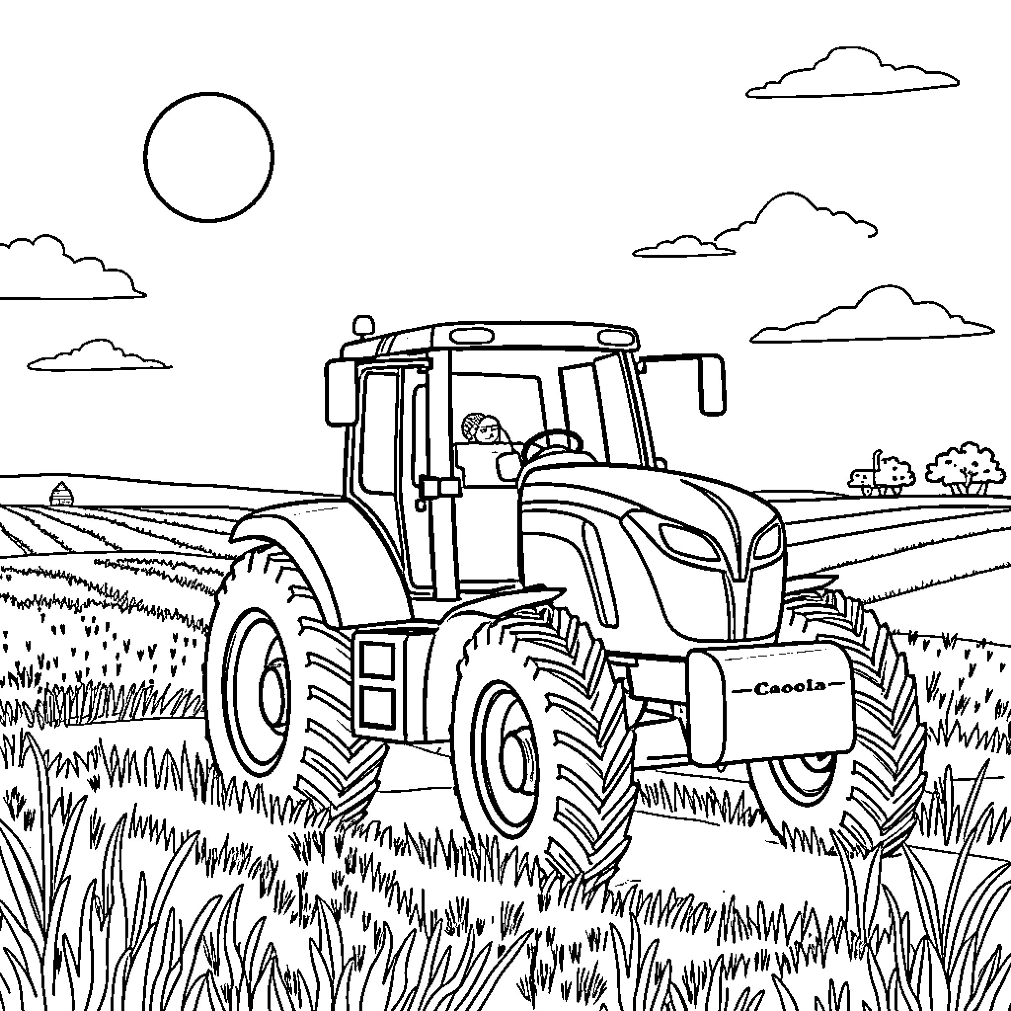 Tractor working in the countryside Coloring Page (free black-and-white line drawing printable PDF for all, from beginners to advanced learners, including children, teens, adults, and seniors)