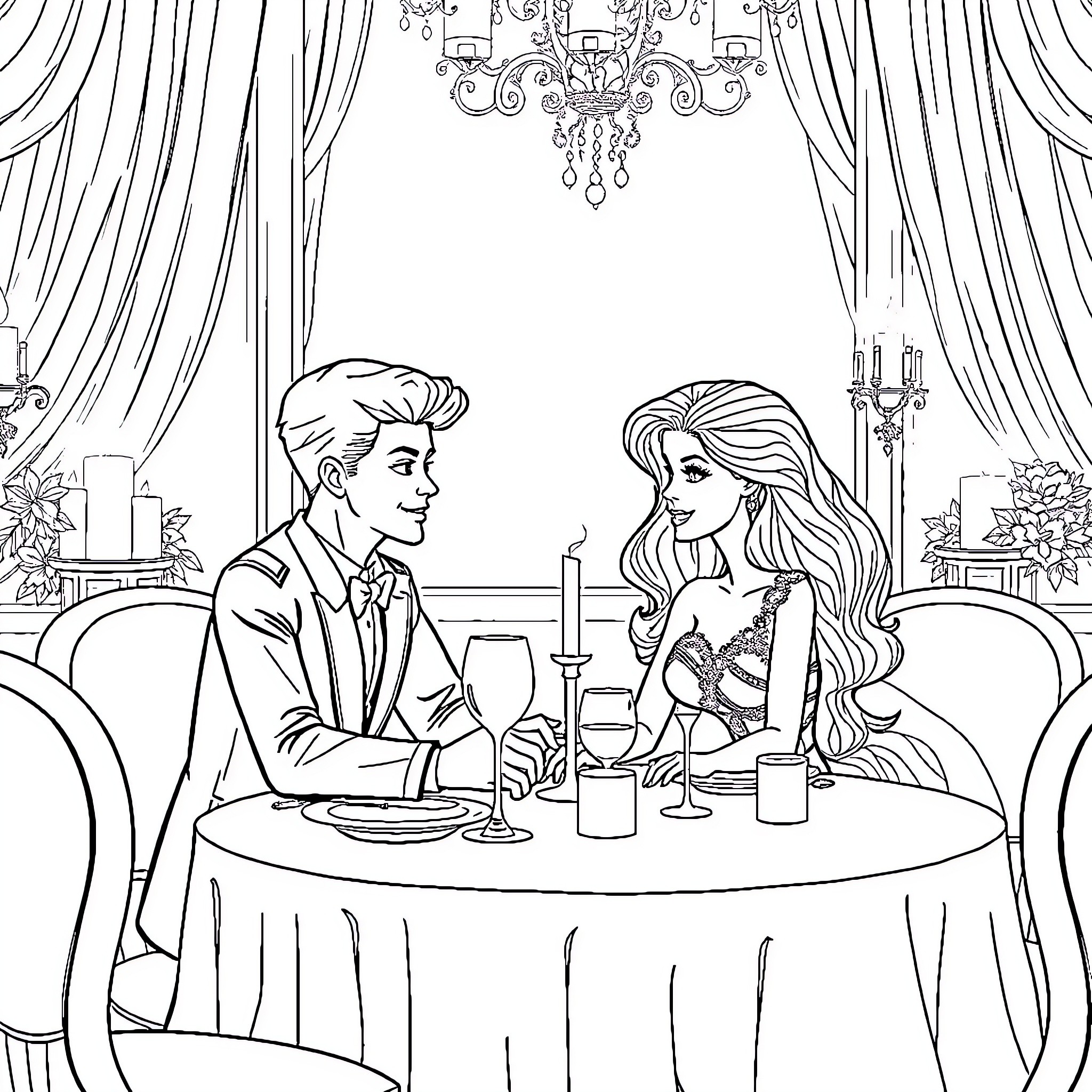 Barbie and Ken enjoying a romantic dinner date Coloring Page (free black-and-white line drawing printable PDF for all, from beginners to advanced learners, including children, teens, adults, and seniors)