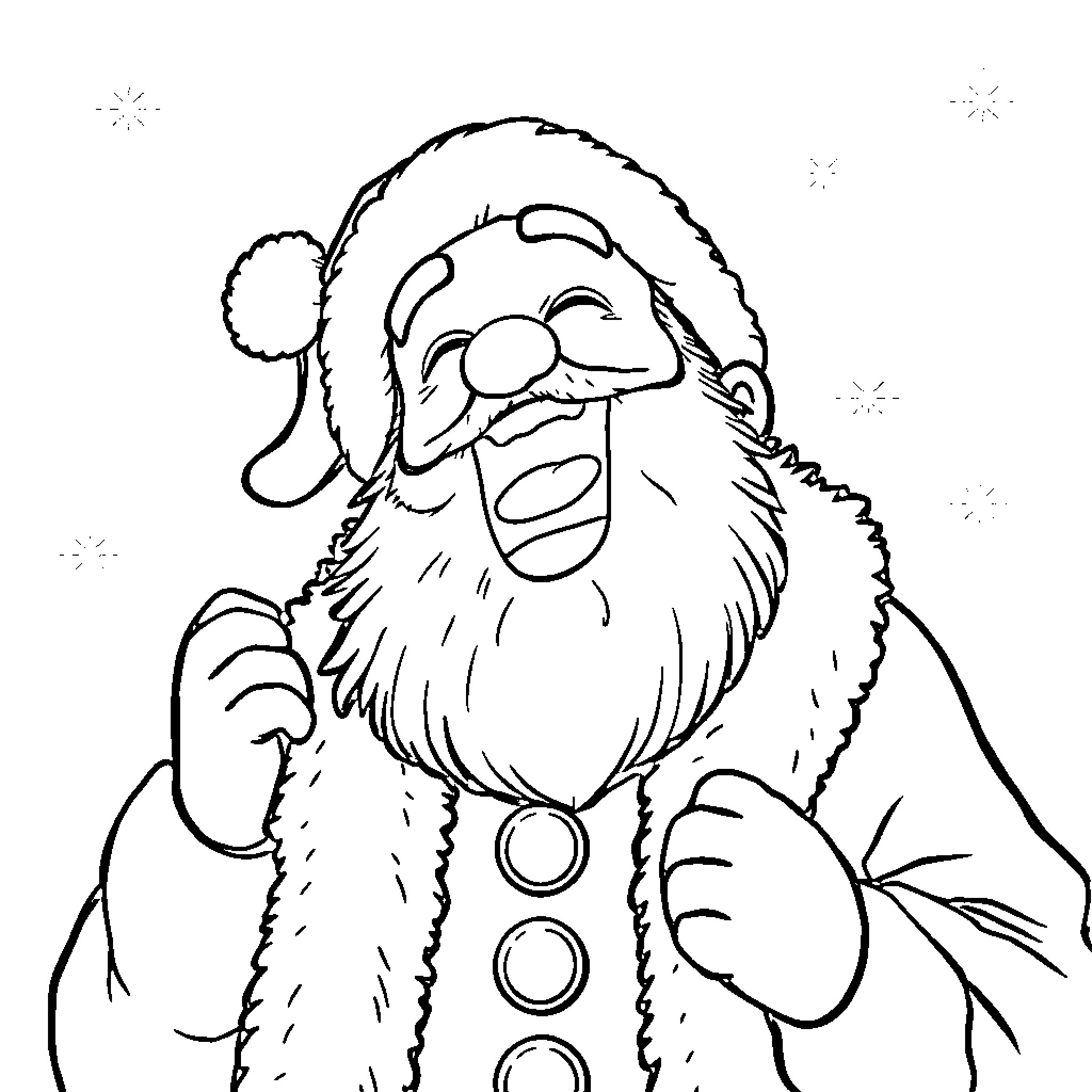 Father Christmas in festive attire smiling cheerfully Coloring Page (free black-and-white line drawing printable PDF for all, from beginners to advanced learners, including children, teens, adults, and seniors)
