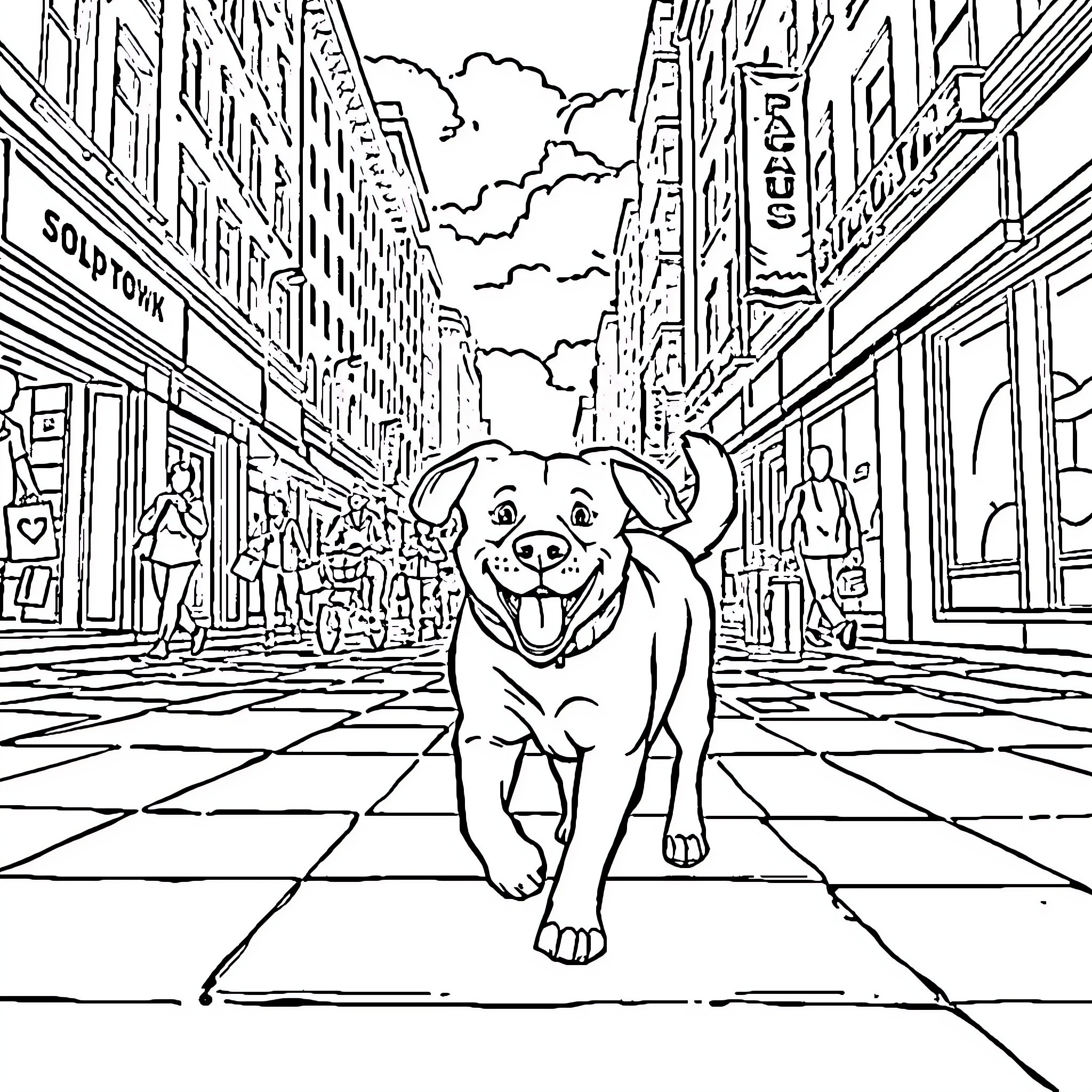 Dog happily exploring a city street Coloring Page (free black-and-white line drawing printable PDF for all, from beginners to advanced learners, including children, teens, adults, and seniors)