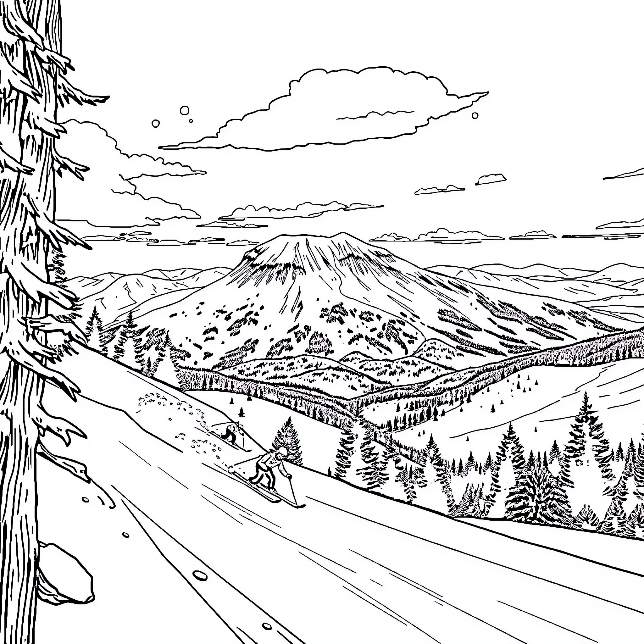 Ski scenic winter landscape with mountains and skiers Coloring Page (free black-and-white line drawing printable PDF for all, from beginners to advanced learners, including children, teens, adults, and seniors)