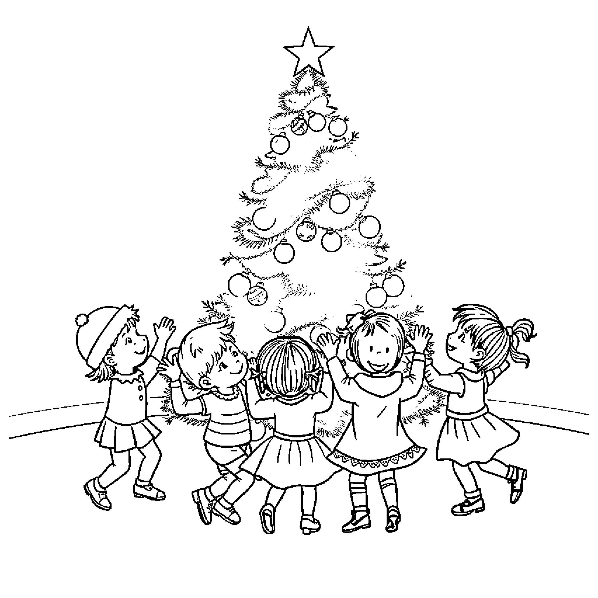 Children decorating a Christmas tree happily Coloring Page (free black-and-white line drawing printable PDF for all, from beginners to advanced learners, including children, teens, adults, and seniors)