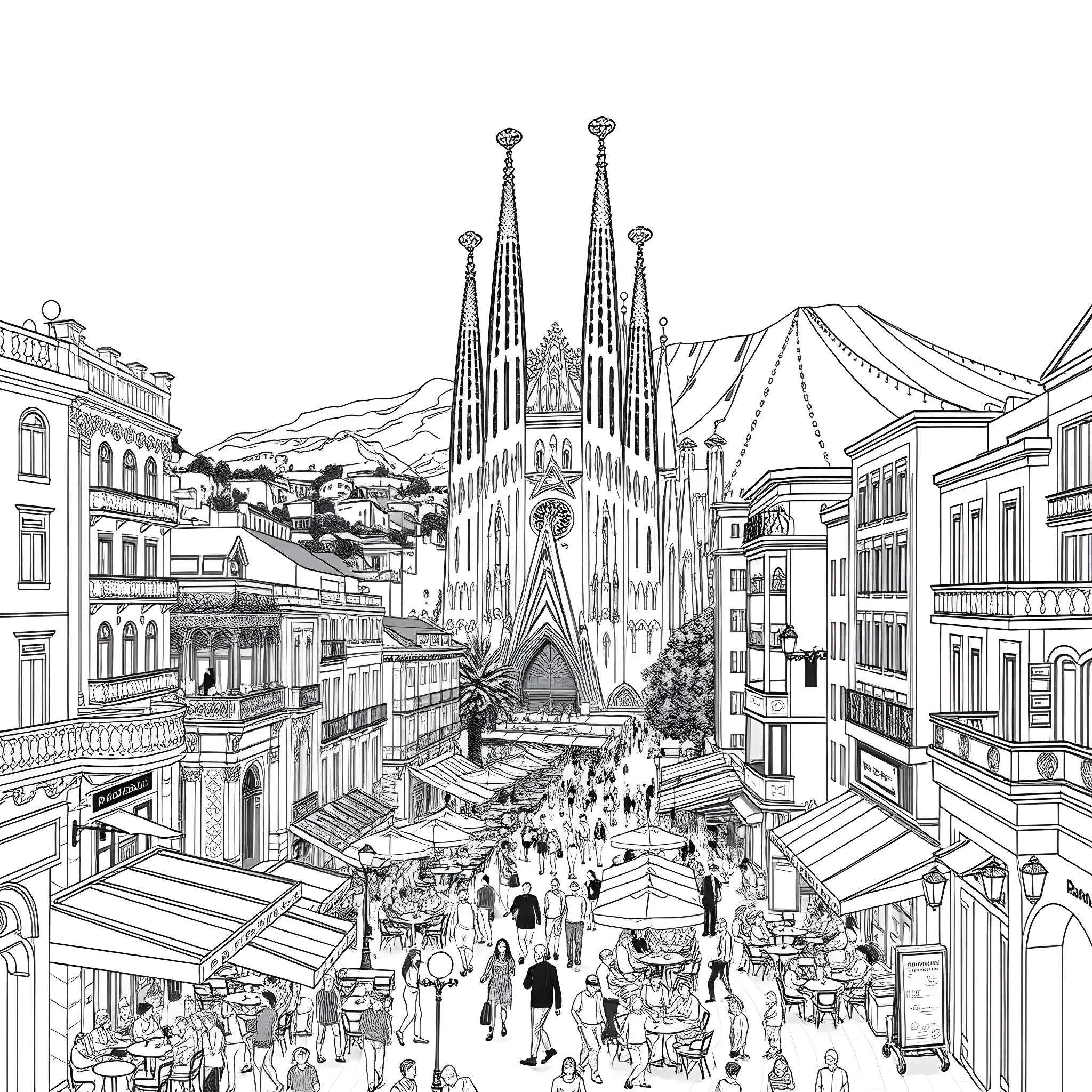 Barcelona cityscape with iconic architecture and bustling street scene Coloring Page (free black-and-white line drawing printable PDF for all, from beginners to advanced learners, including children, teens, adults, and seniors)