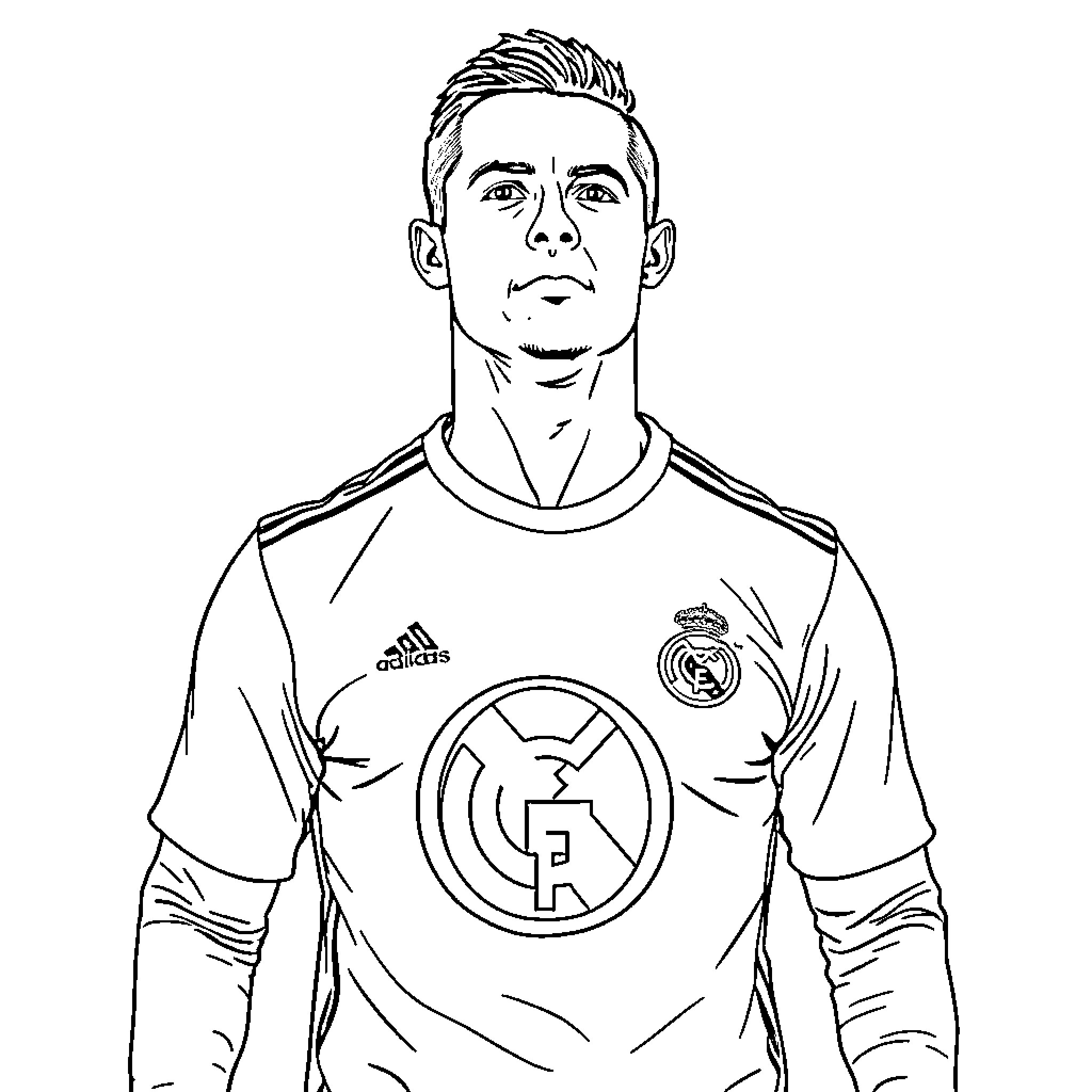 Cristiano Ronaldo in Real Madrid uniform Coloring Page (free black-and-white line drawing printable PDF for all, from beginners to advanced learners, including children, teens, adults, and seniors)