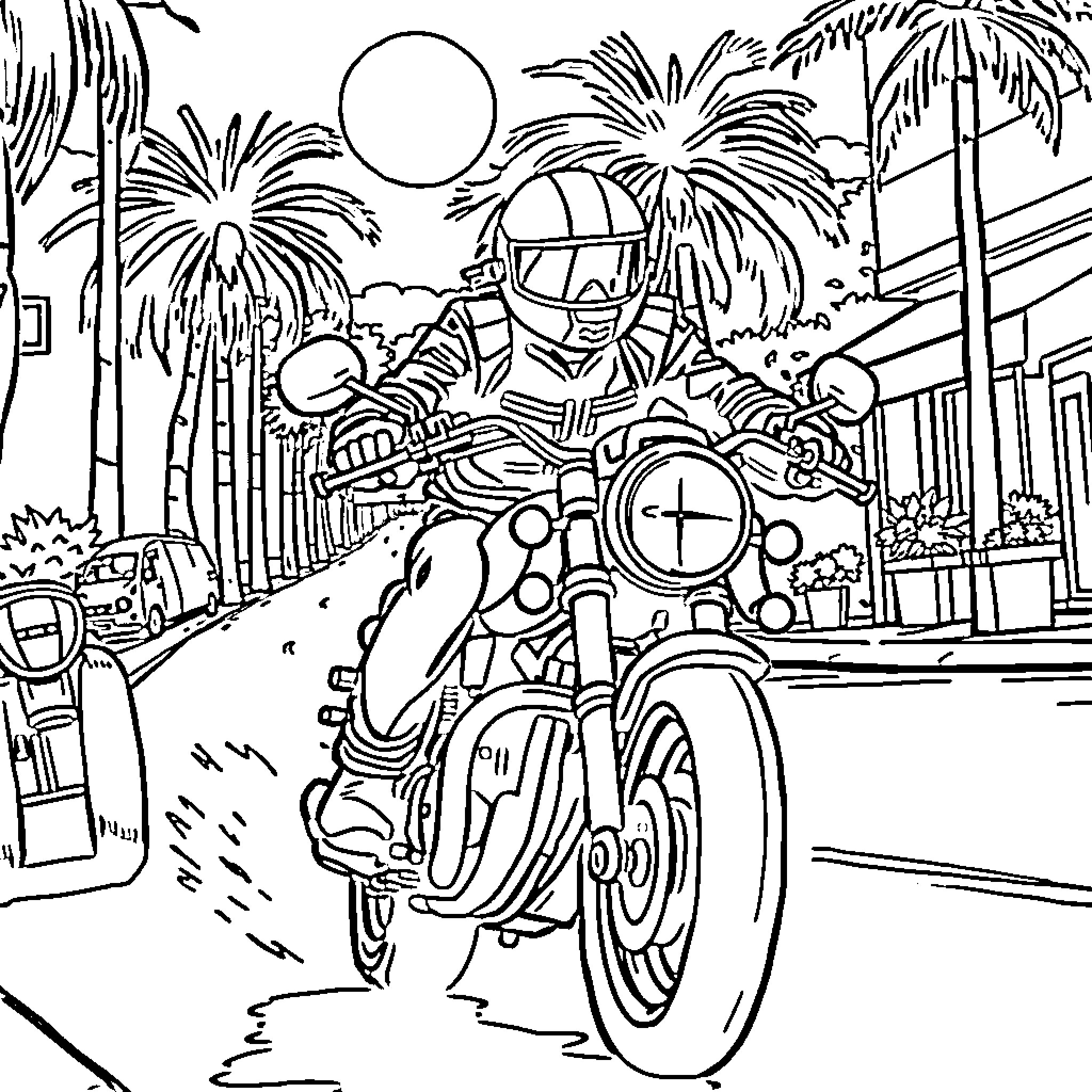 Cobra rider on the tropical highway Coloring Page (free black-and-white line drawing printable PDF for all, from beginners to advanced learners, including children, teens, adults, and seniors)