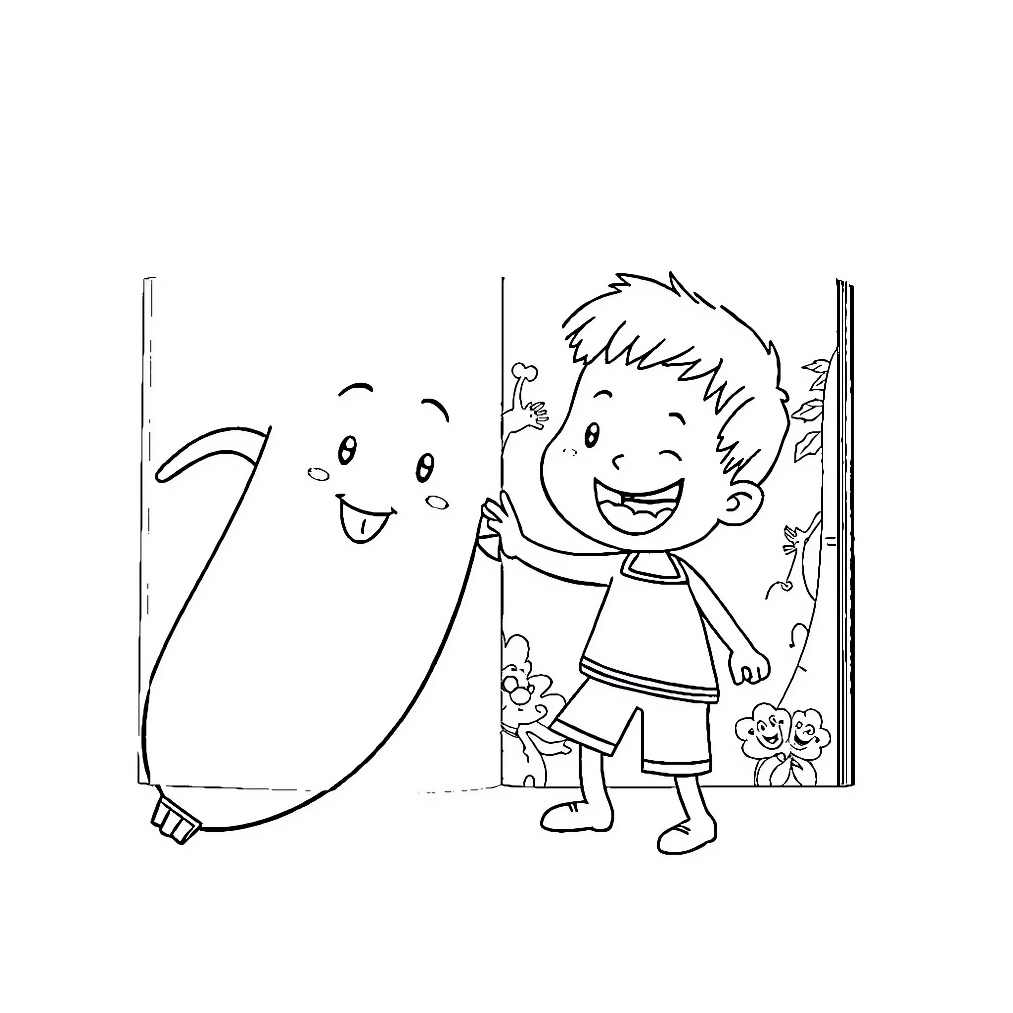Banana boy and his playful companion Coloring Page (free black-and-white line drawing printable PDF for all, from beginners to advanced learners, including children, teens, adults, and seniors)
