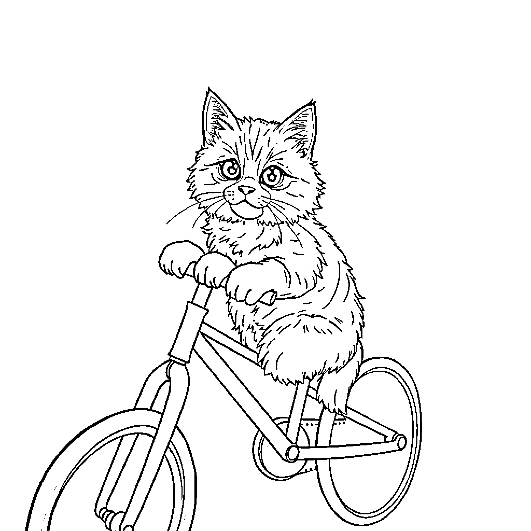 Cat riding a bicycle Coloring Page (free black-and-white line drawing printable PDF for all, from beginners to advanced learners, including children, teens, adults, and seniors)