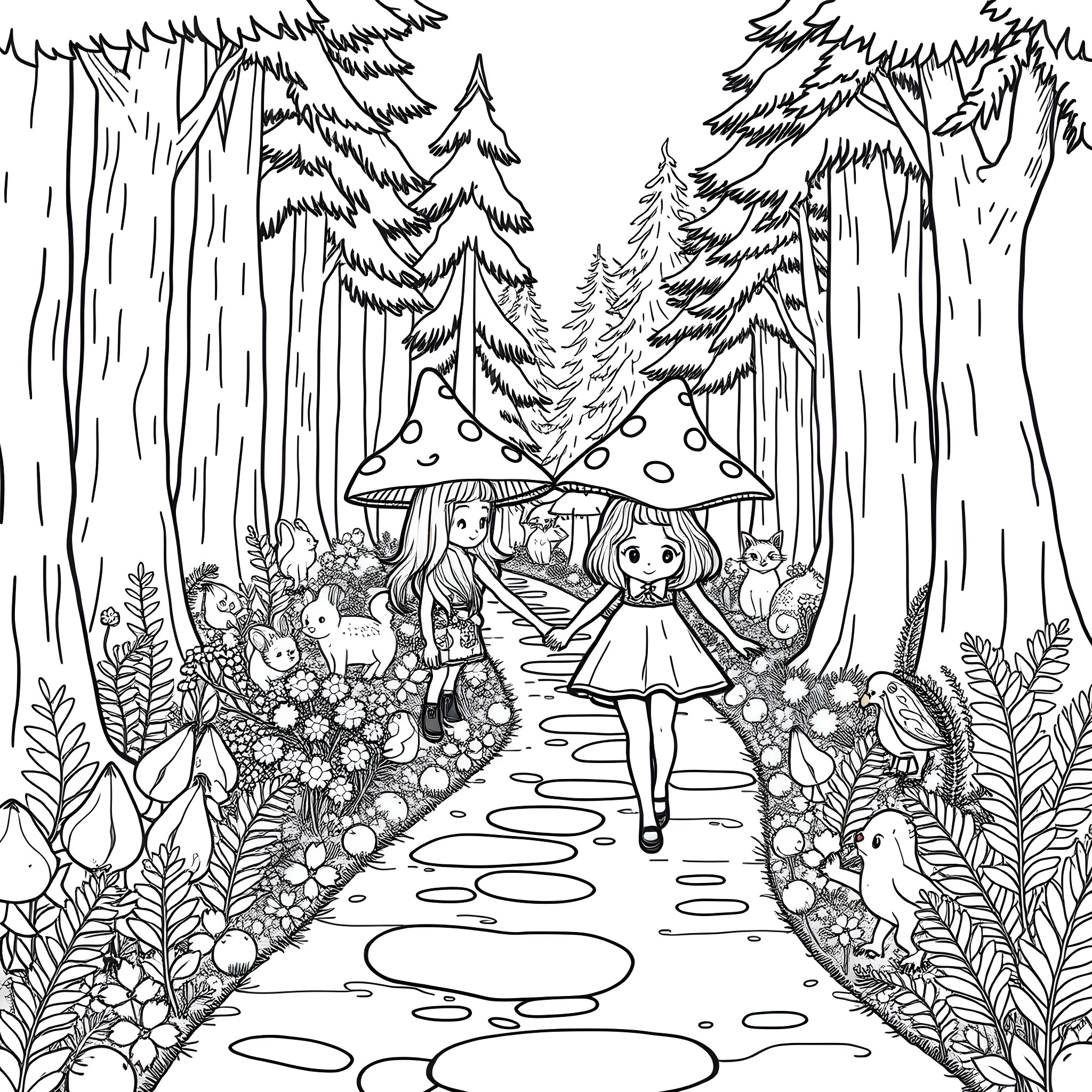 Mushroom Forest Exploration with Whimsical Creatures Coloring Page (free black-and-white line drawing printable PDF for all, from beginners to advanced learners, including children, teens, adults, and seniors)