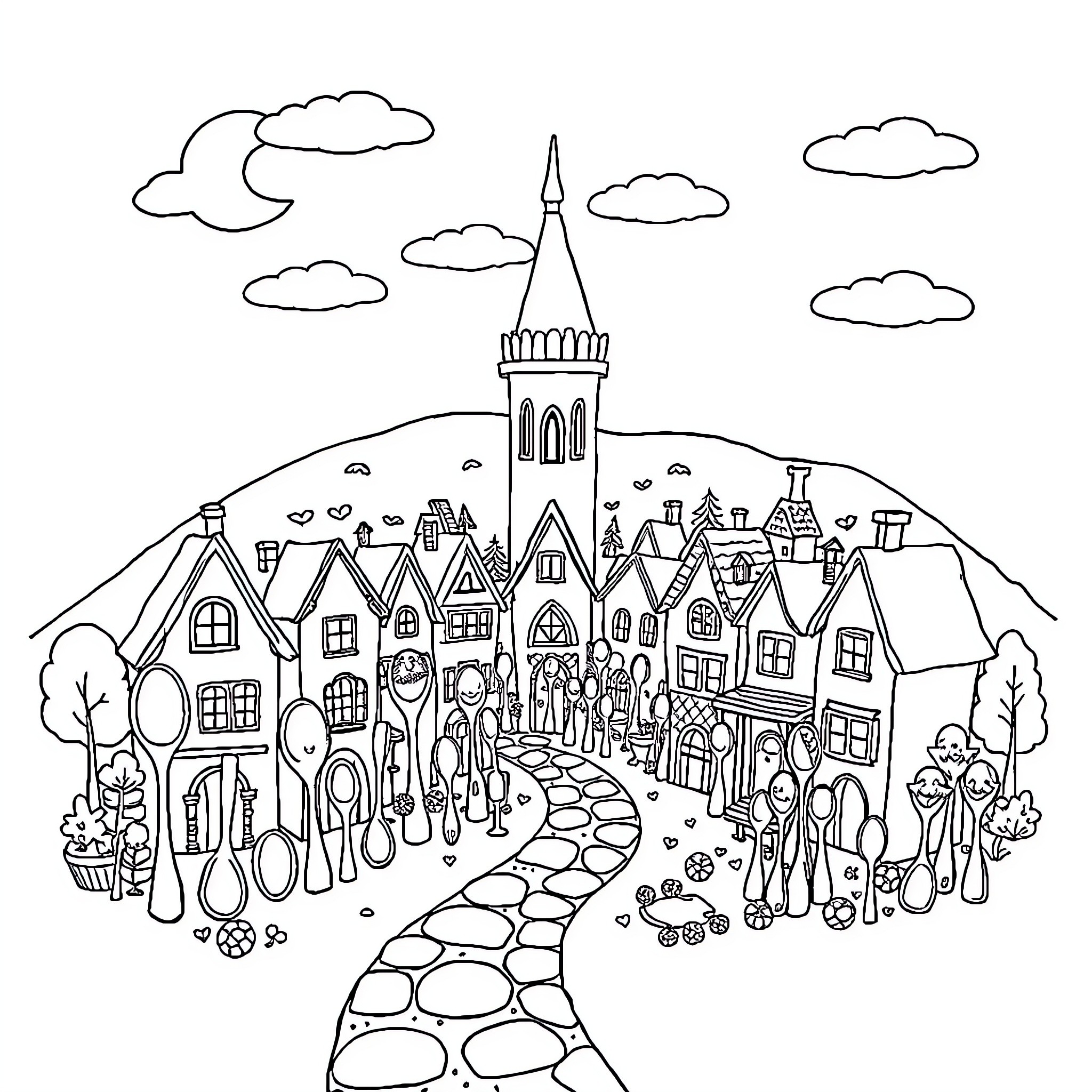 Spoon and the Whimsical Village Coloring Page (free black-and-white line drawing printable PDF for all, from beginners to advanced learners, including children, teens, adults, and seniors)