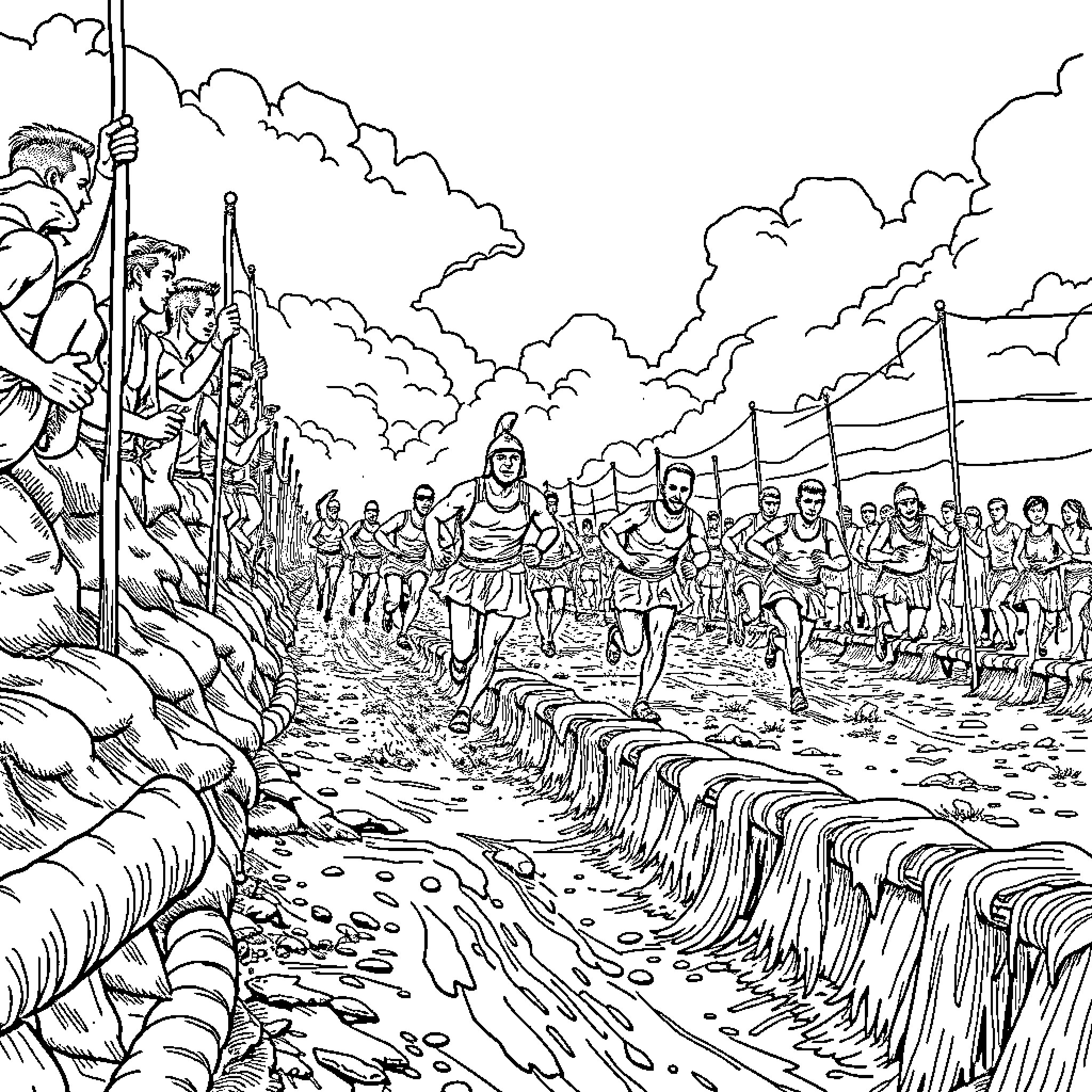 Spartan Warriors March in Formation on Rugged Terrain Coloring Page (free black-and-white line drawing printable PDF for all, from beginners to advanced learners, including children, teens, adults, and seniors)