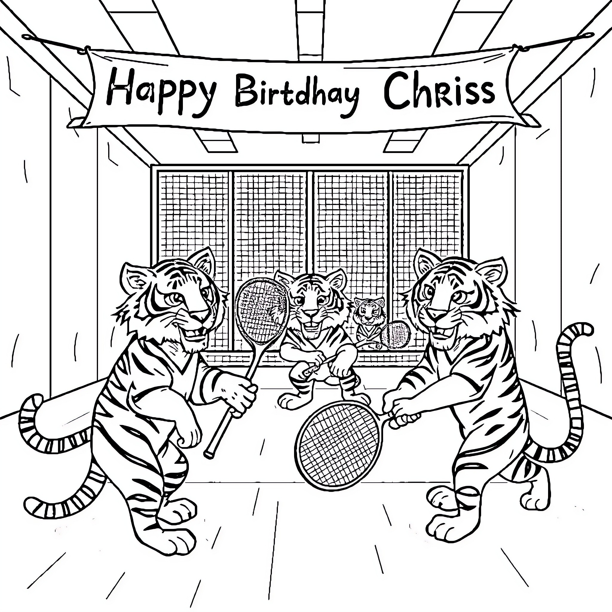 Tigers playing tennis with a 'Happy Birthday Chriss' banner Coloring Page (free black-and-white line drawing printable PDF for all, from beginners to advanced learners, including children, teens, adults, and seniors)