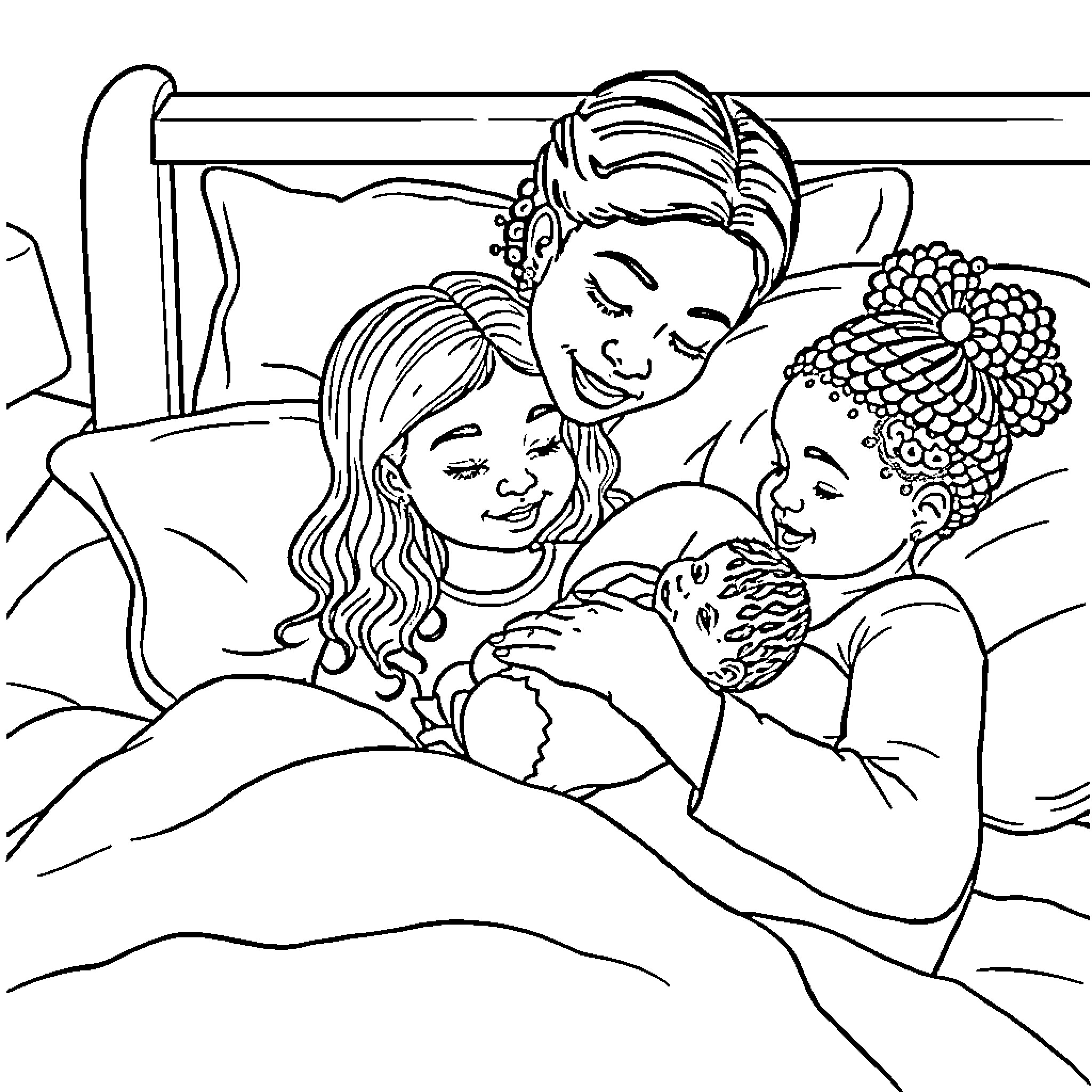 Mom Cuddles Her Loving Children Coloring Page (free black-and-white line drawing printable PDF for all, from beginners to advanced learners, including children, teens, adults, and seniors)