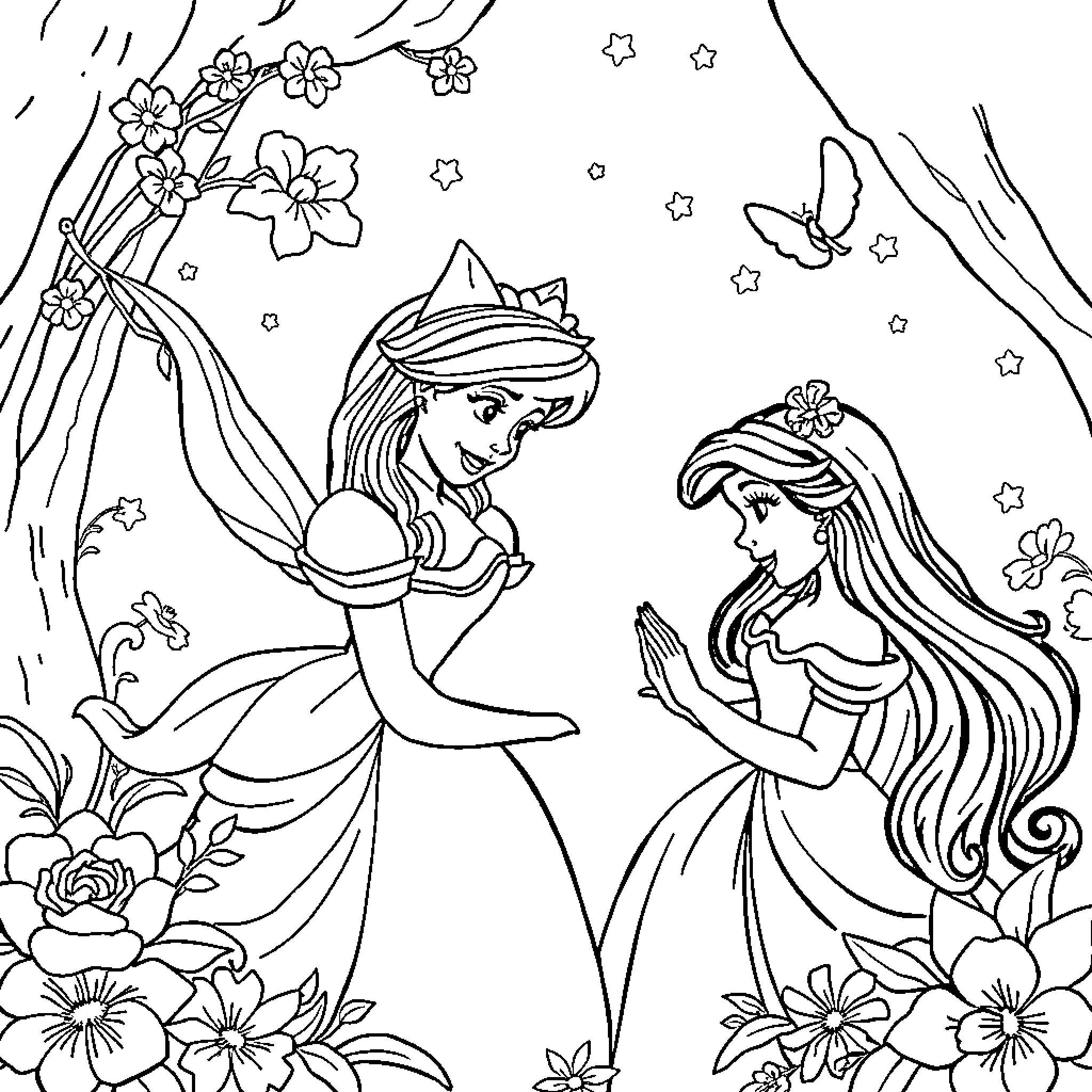 Princess Princesses in a Magical Floral World Coloring Page (free black-and-white line drawing printable PDF for all, from beginners to advanced learners, including children, teens, adults, and seniors)