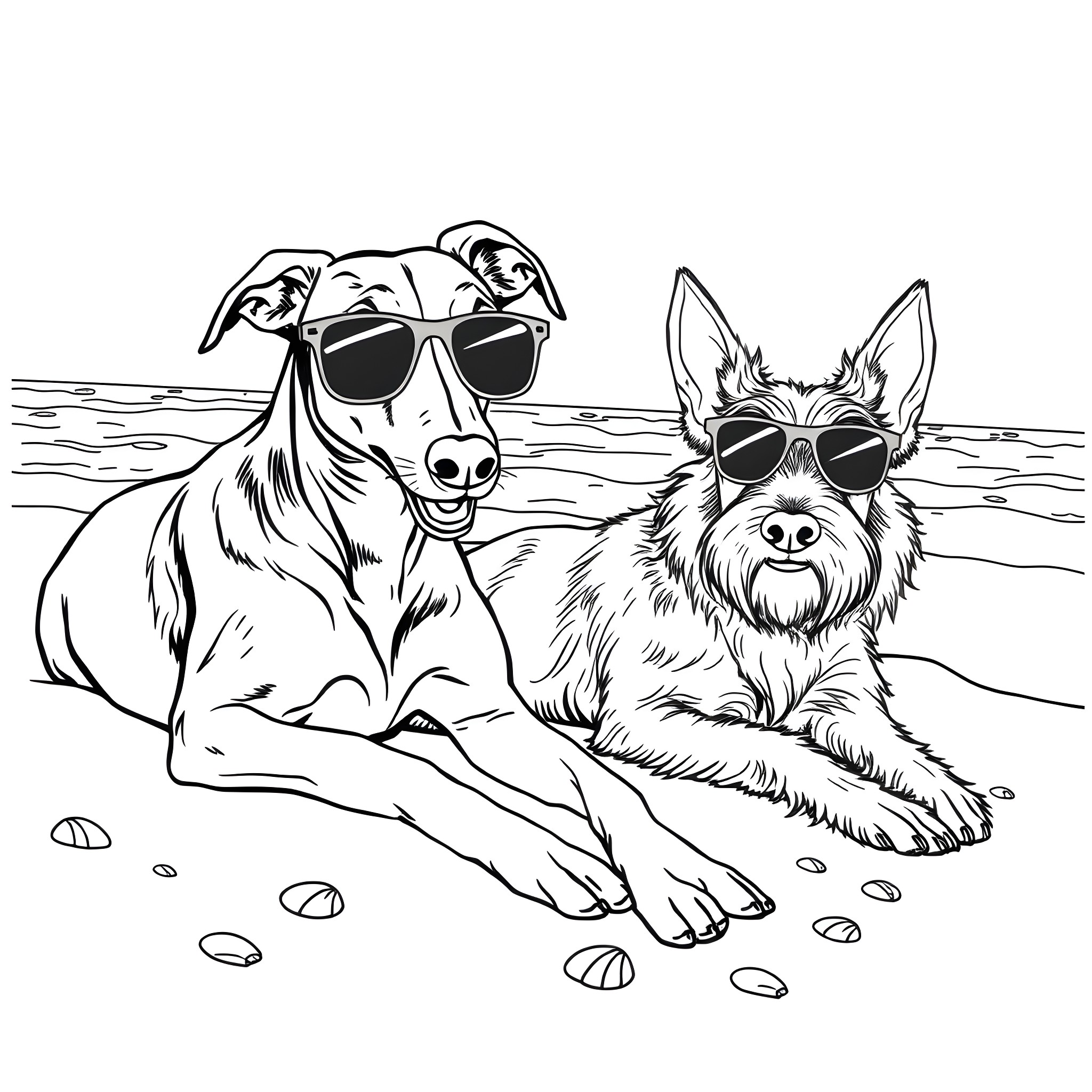 Dogs enjoying a day at the beach in sunglasses Coloring Page (free black-and-white line drawing printable PDF for all, from beginners to advanced learners, including children, teens, adults, and seniors)