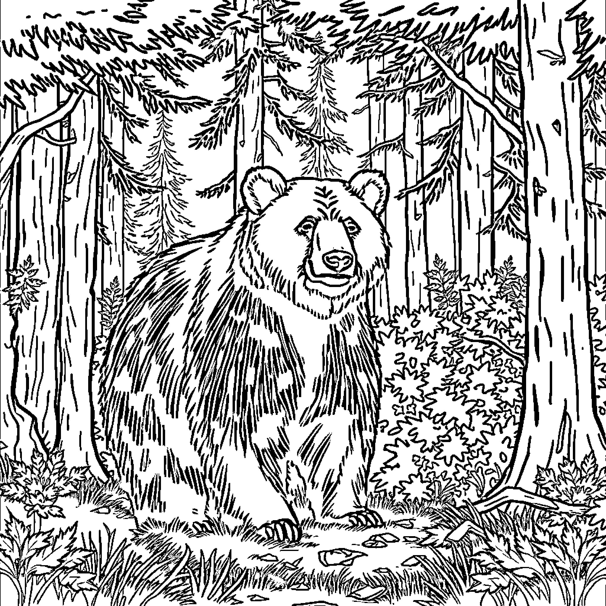 Bear exploring the lush forest wilderness Coloring Page (free black-and-white line drawing printable PDF for all, from beginners to advanced learners, including children, teens, adults, and seniors)