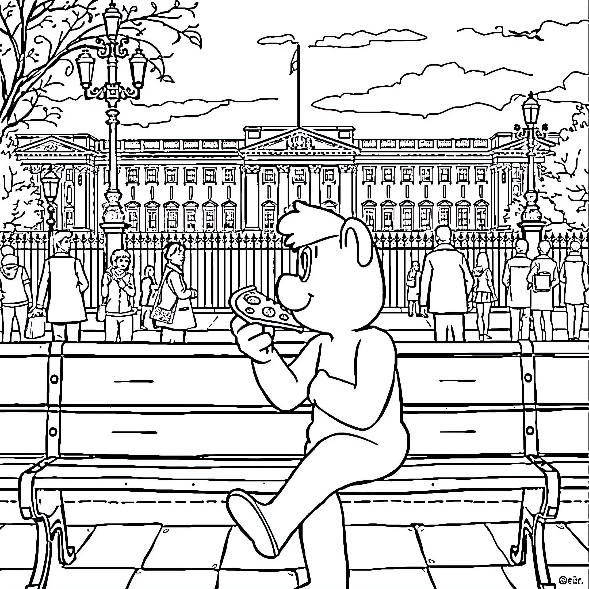 Pizza Lover Enjoys Snack on Bench Outside Palace Coloring Page (free black-and-white line drawing printable PDF for all, from beginners to advanced learners, including children, teens, adults, and seniors)