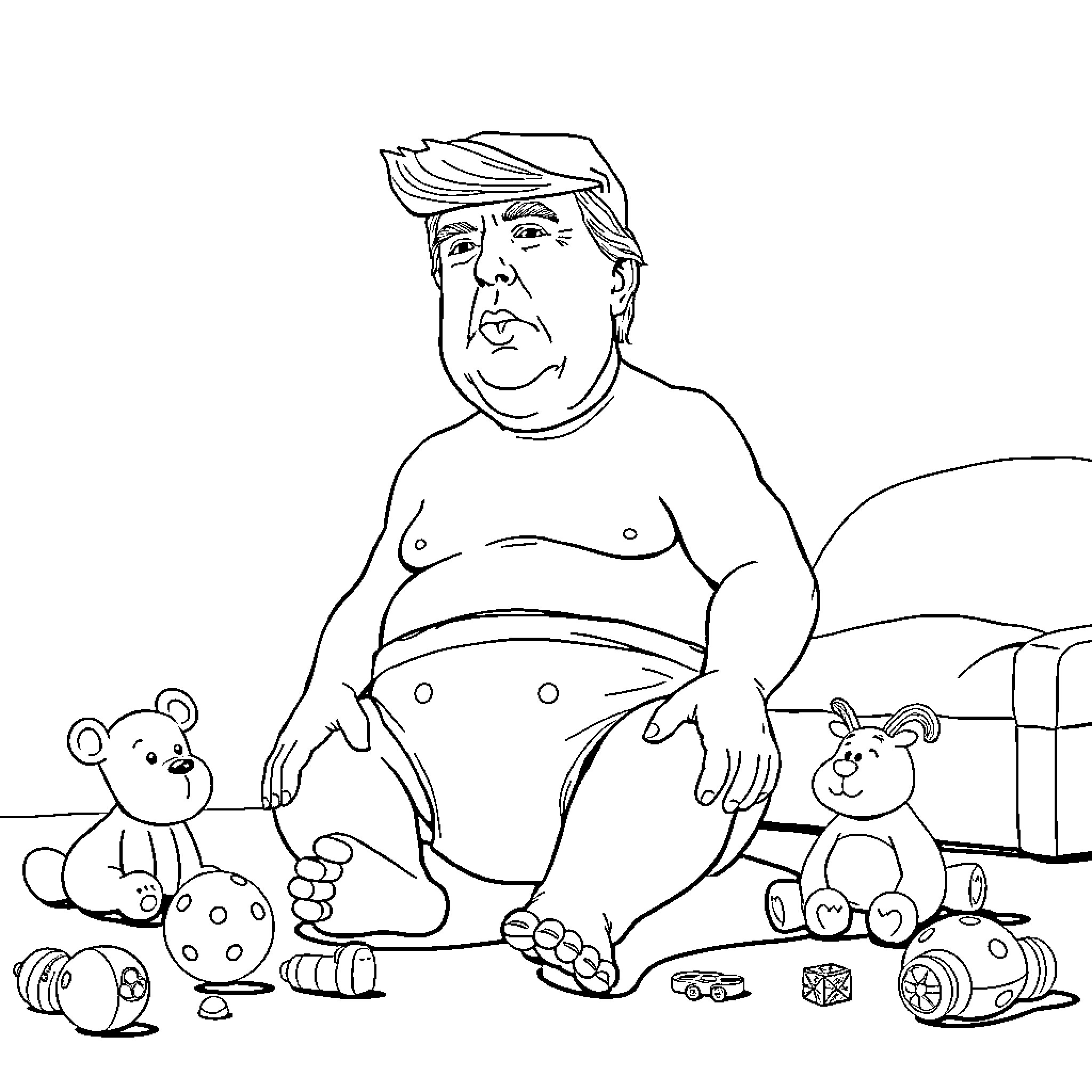 Donald Trump playing with toys in the nursery Coloring Page (free black-and-white line drawing printable PDF for all, from beginners to advanced learners, including children, teens, adults, and seniors)