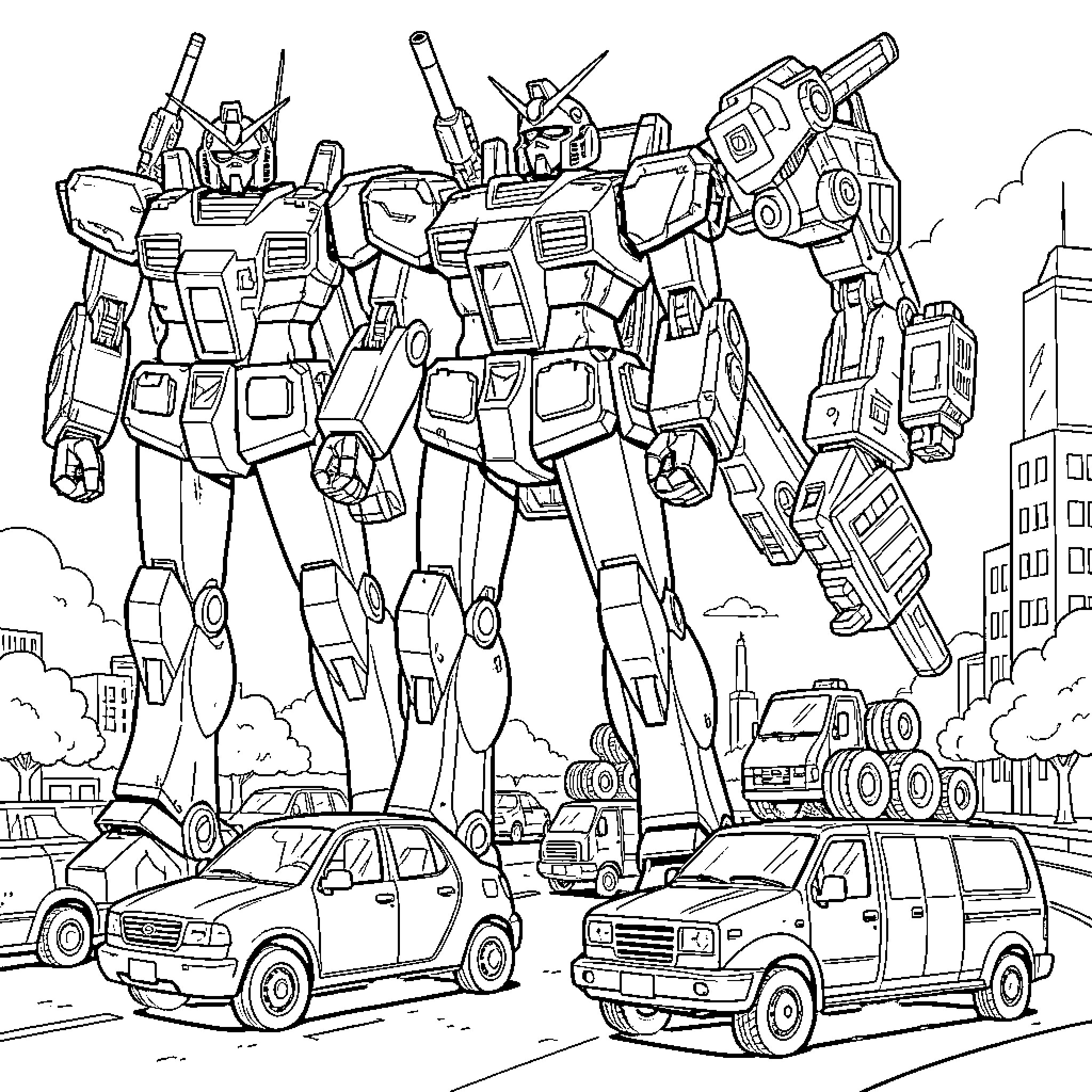 Transformers standing tall amidst busy city traffic Coloring Page (free black-and-white line drawing printable PDF for all, from beginners to advanced learners, including children, teens, adults, and seniors)