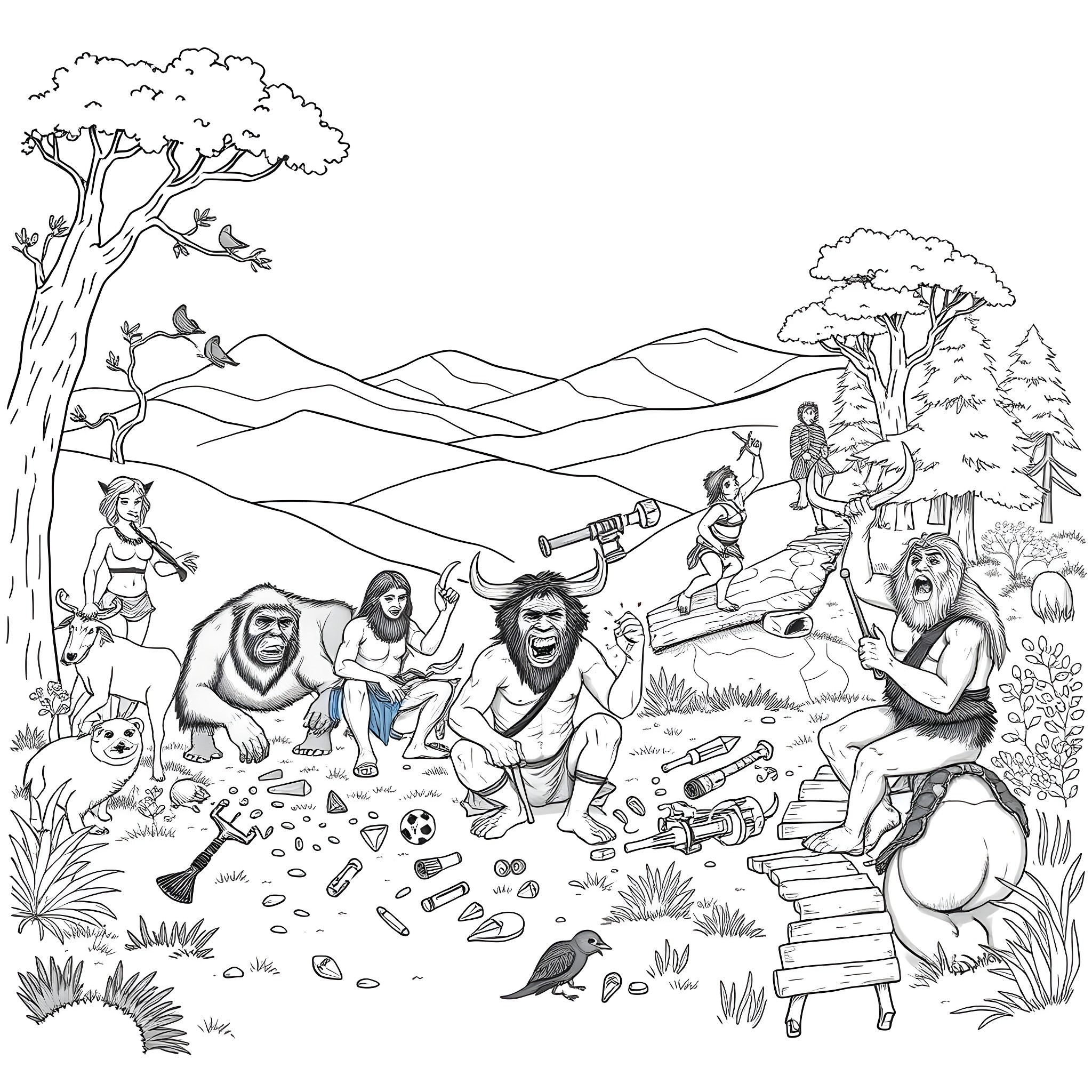 Neanderthal Families Gathering in Prehistoric Landscape Coloring Page (free black-and-white line drawing printable PDF for all, from beginners to advanced learners, including children, teens, adults, and seniors)