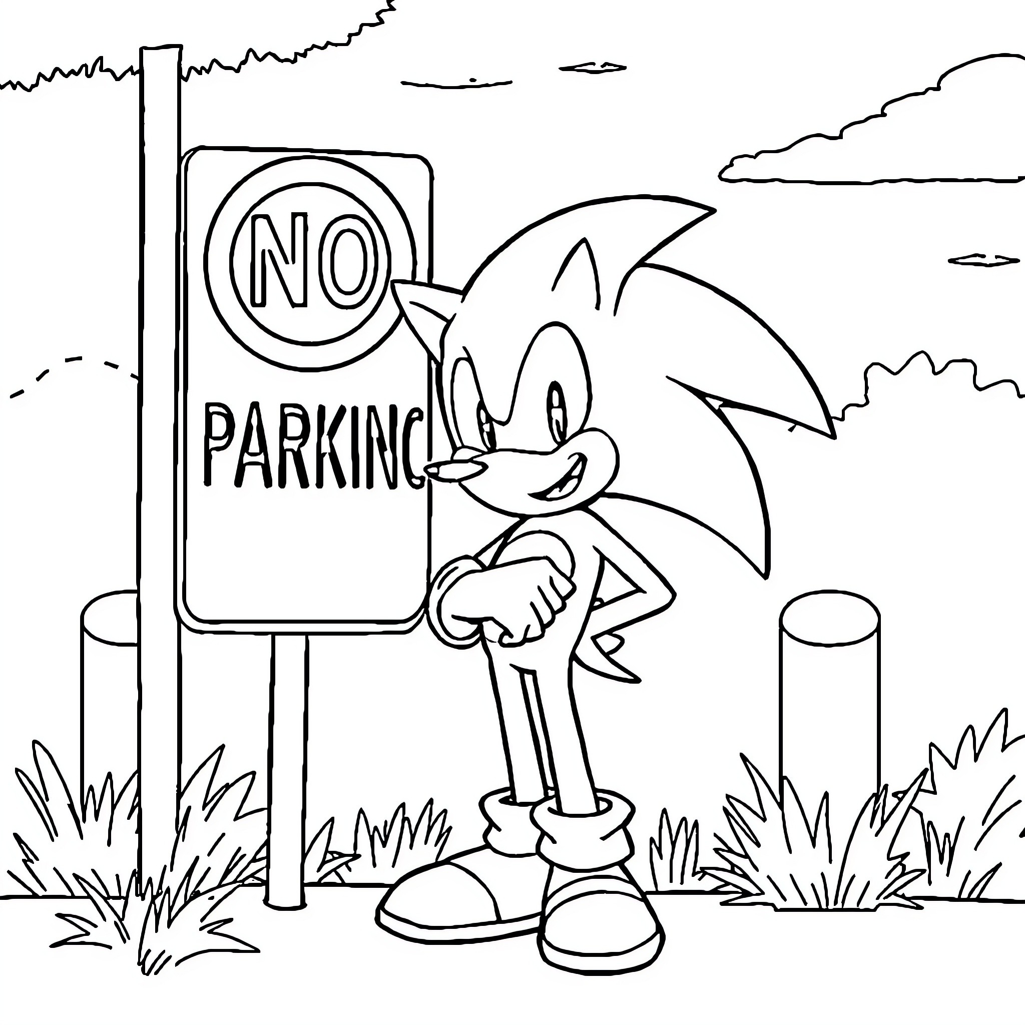 Sonic ignoring 'No Parking' sign in the park Coloring Page (free black-and-white line drawing printable PDF for all, from beginners to advanced learners, including children, teens, adults, and seniors)