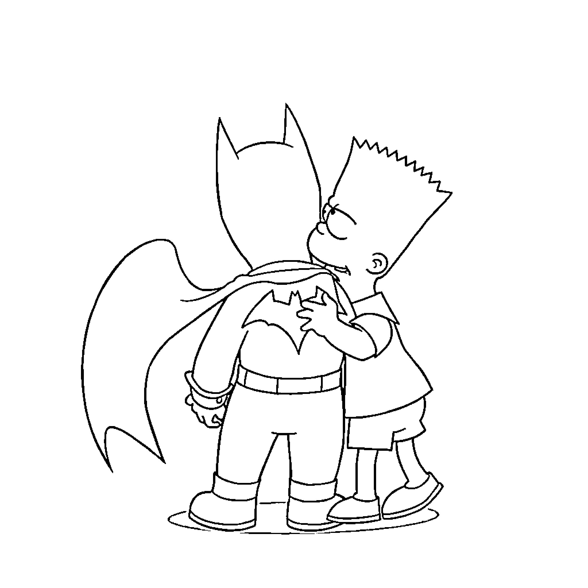 Bart Simpson as Batman with Bart Simpson sidekick Coloring Page (free black-and-white line drawing printable PDF for all, from beginners to advanced learners, including children, teens, adults, and seniors)