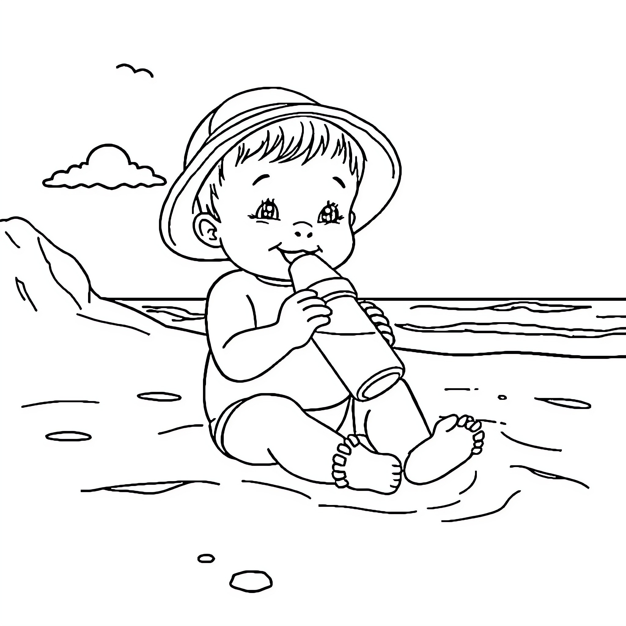 Baby playing joyfully on the beach Coloring Page (free black-and-white line drawing printable PDF for all, from beginners to advanced learners, including children, teens, adults, and seniors)