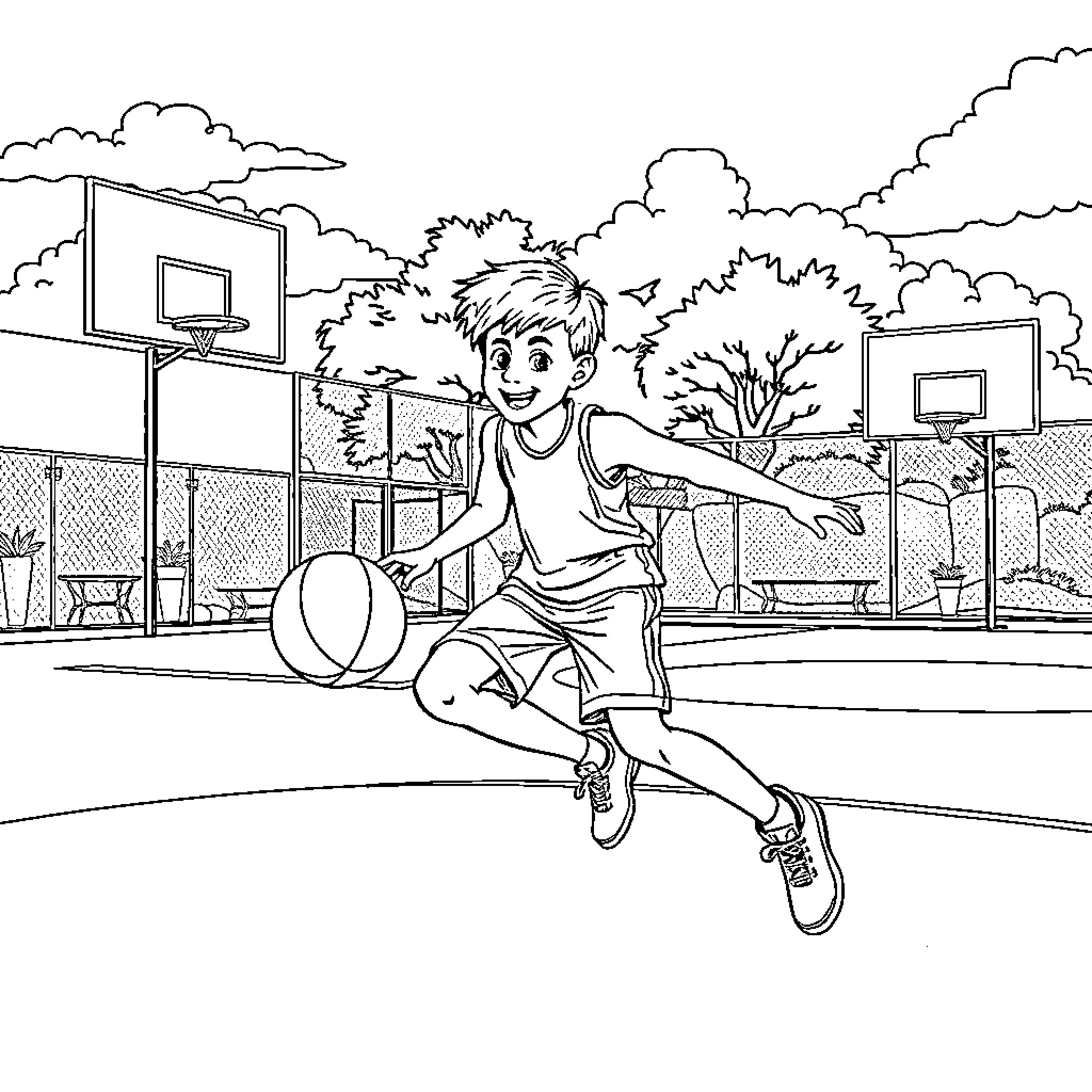 Boy playing basketball on outdoor court Coloring Page (free black-and-white line drawing printable PDF for all, from beginners to advanced learners, including children, teens, adults, and seniors)