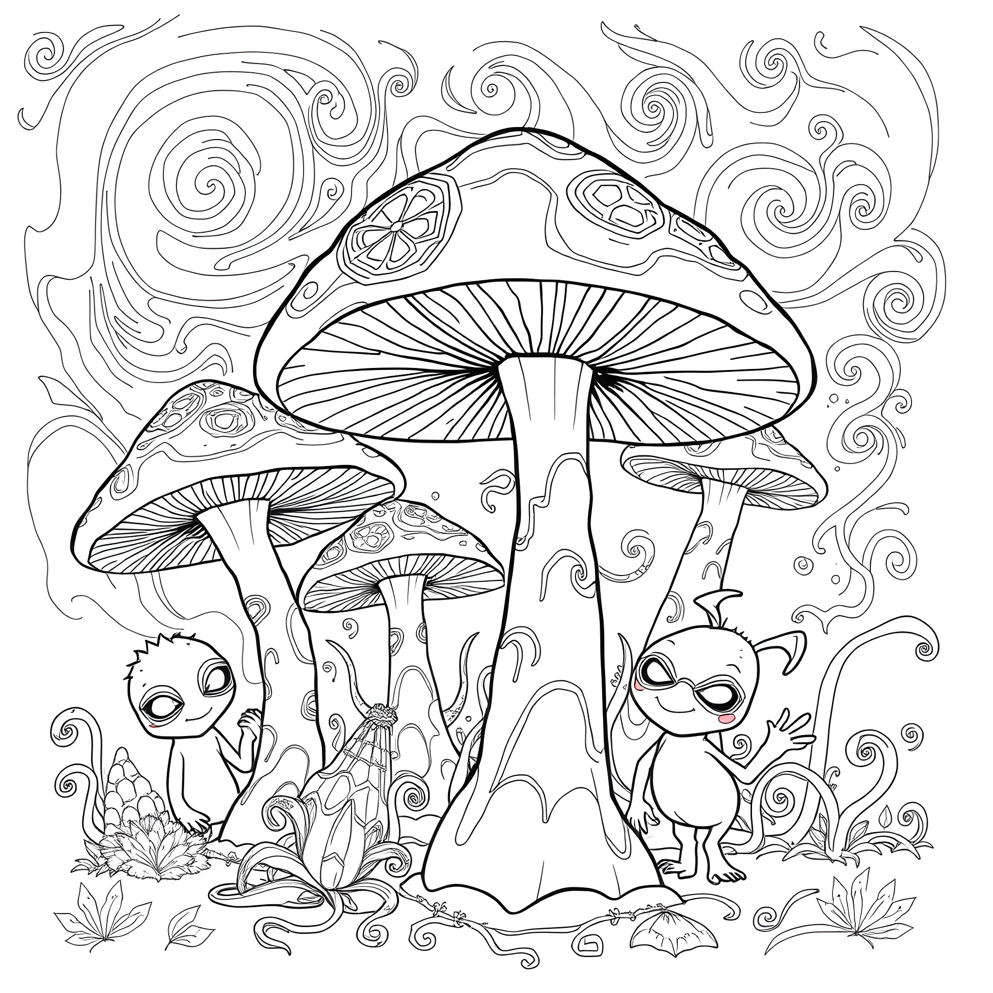 Mushroom Fantasy with Whimsical Creatures Coloring Page (free black-and-white line drawing printable PDF for all, from beginners to advanced learners, including children, teens, adults, and seniors)