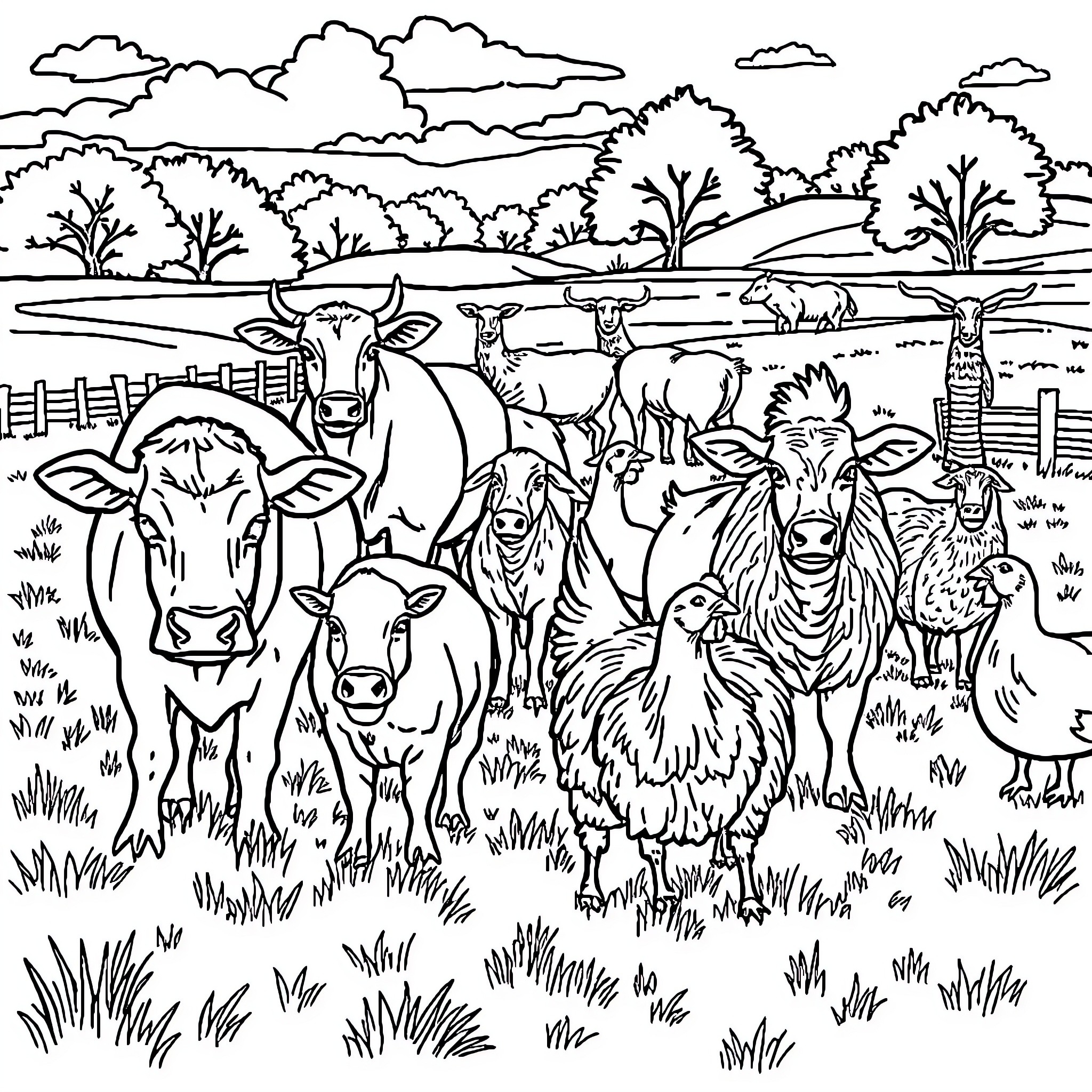Farm Animal Gathering in Pastoral Landscape Coloring Page (free black-and-white line drawing printable PDF for all, from beginners to advanced learners, including children, teens, adults, and seniors)