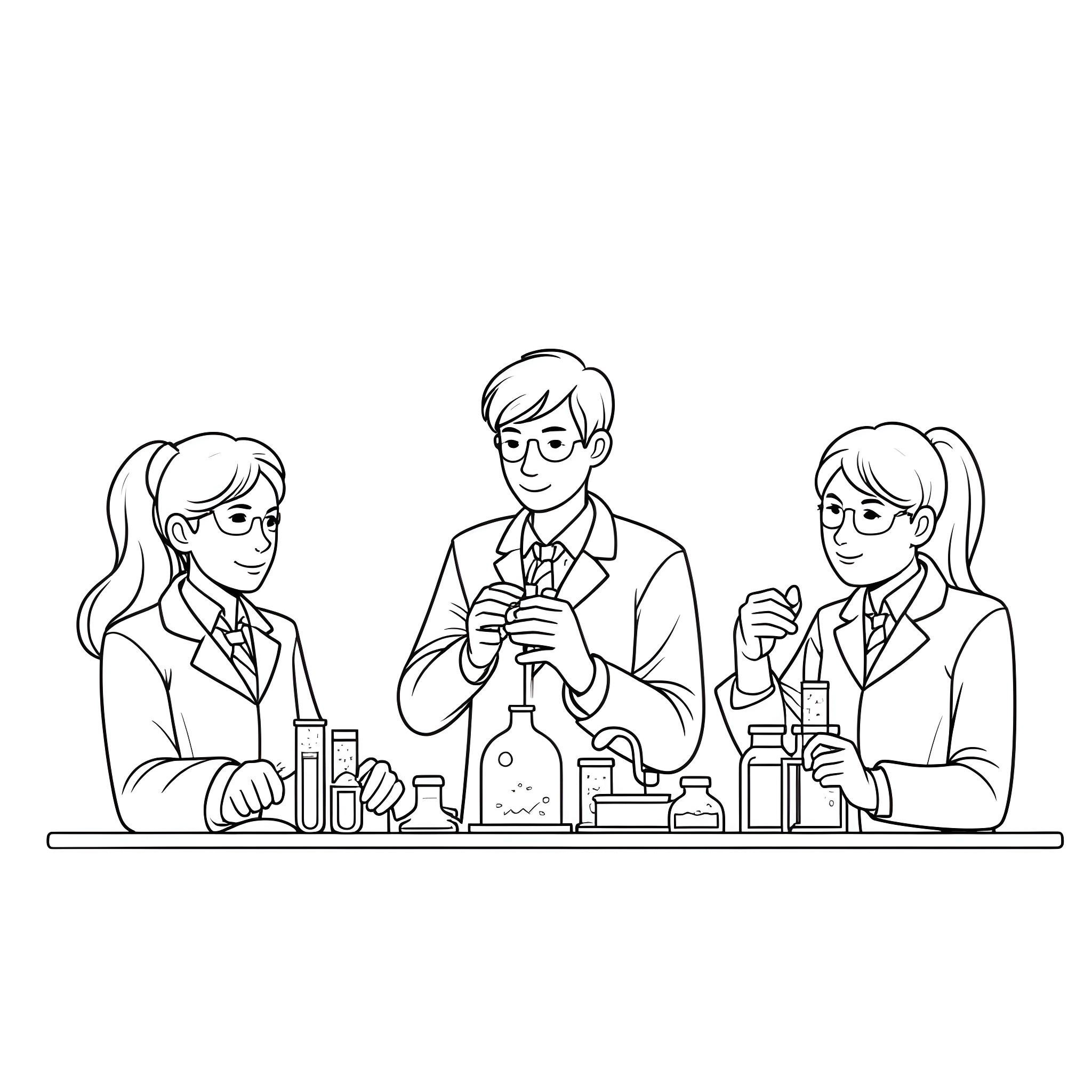 Chemistry Students Conducting Experiments in the Lab Coloring Page (free black-and-white line drawing printable PDF for all, from beginners to advanced learners, including children, teens, adults, and seniors)